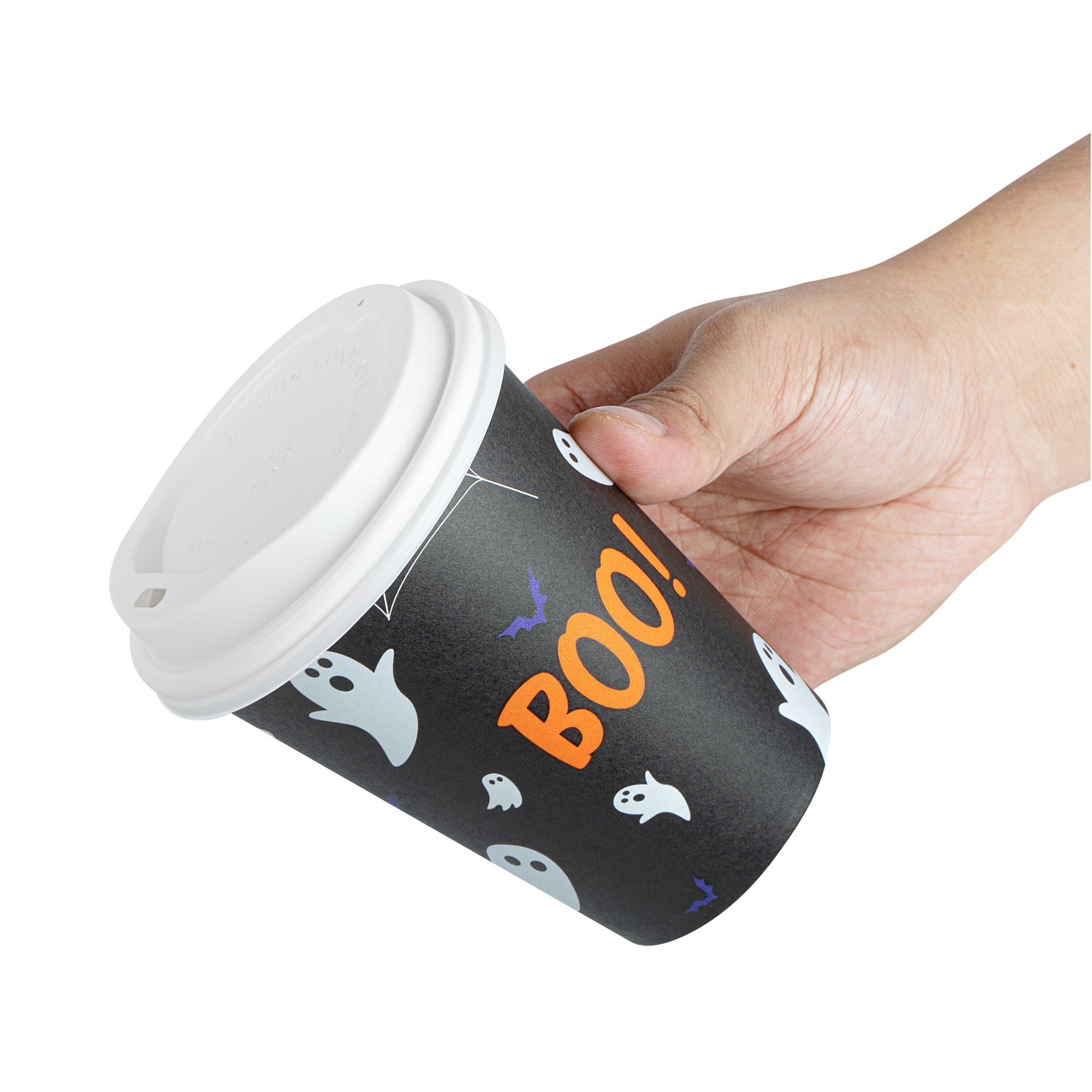 Restpresso 12 oz Halloween Paper Single Wall Coffee Cup - with White Lid - 3 1/2" x 3 1/2" x 4 3/4" - 20 count box