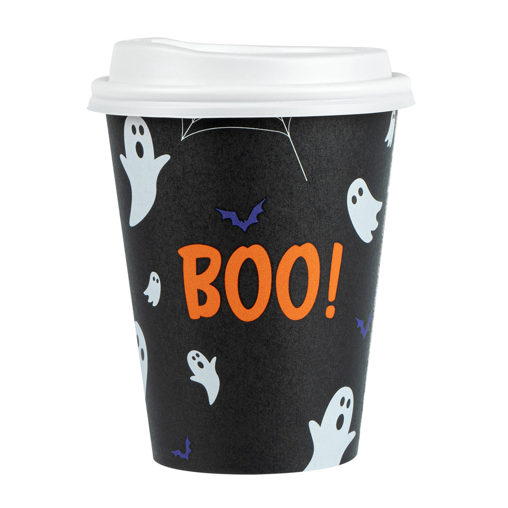 Restpresso 12 oz Halloween Paper Single Wall Coffee Cup - with White Lid - 3 1/2" x 3 1/2" x 4 3/4" - 20 count box