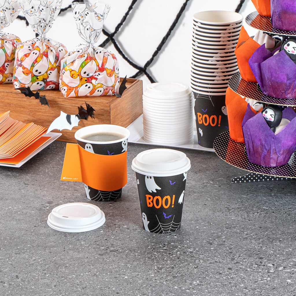 Restpresso 12 oz Halloween Paper Single Wall Coffee Cup - with White Lid - 3 1/2" x 3 1/2" x 4 3/4" - 20 count box