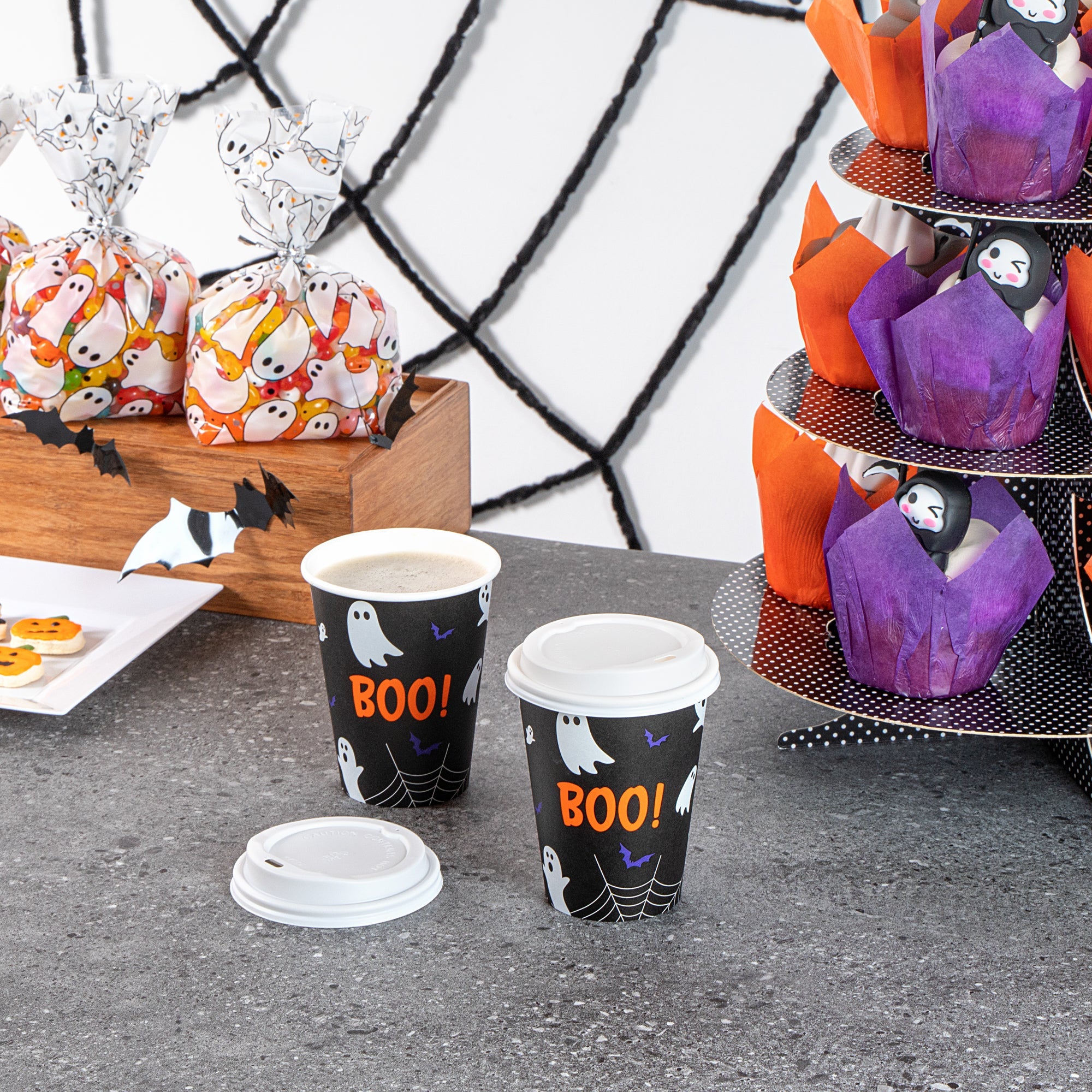Restpresso 12 oz Halloween Paper Single Wall Coffee Cup - with White Lid - 3 1/2" x 3 1/2" x 4 3/4" - 400 count box