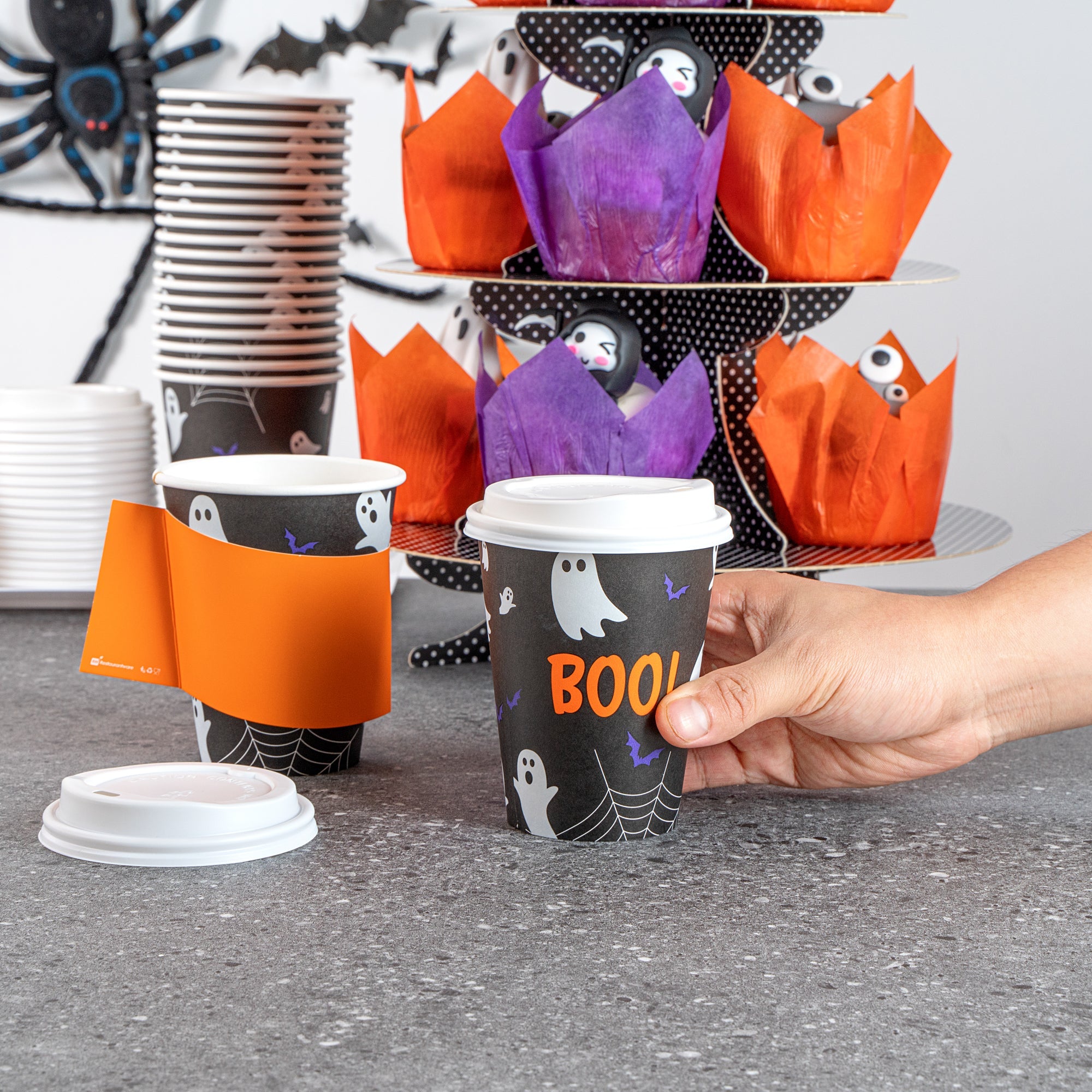 Restpresso 12 oz Halloween Paper Single Wall Coffee Cup - with White Lid - 3 1/2" x 3 1/2" x 4 3/4" - 400 count box