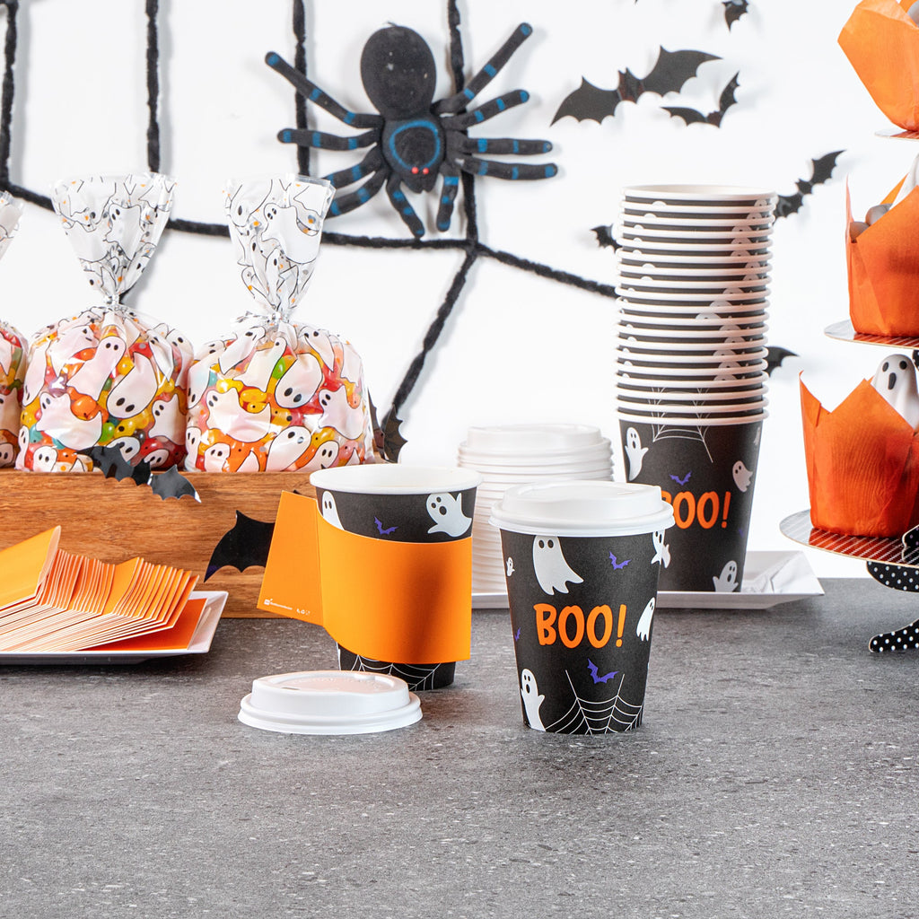 Restpresso 12 oz Halloween Paper Single Wall Coffee Cup - with White Lid - 3 1/2" x 3 1/2" x 4 3/4" - 400 count box