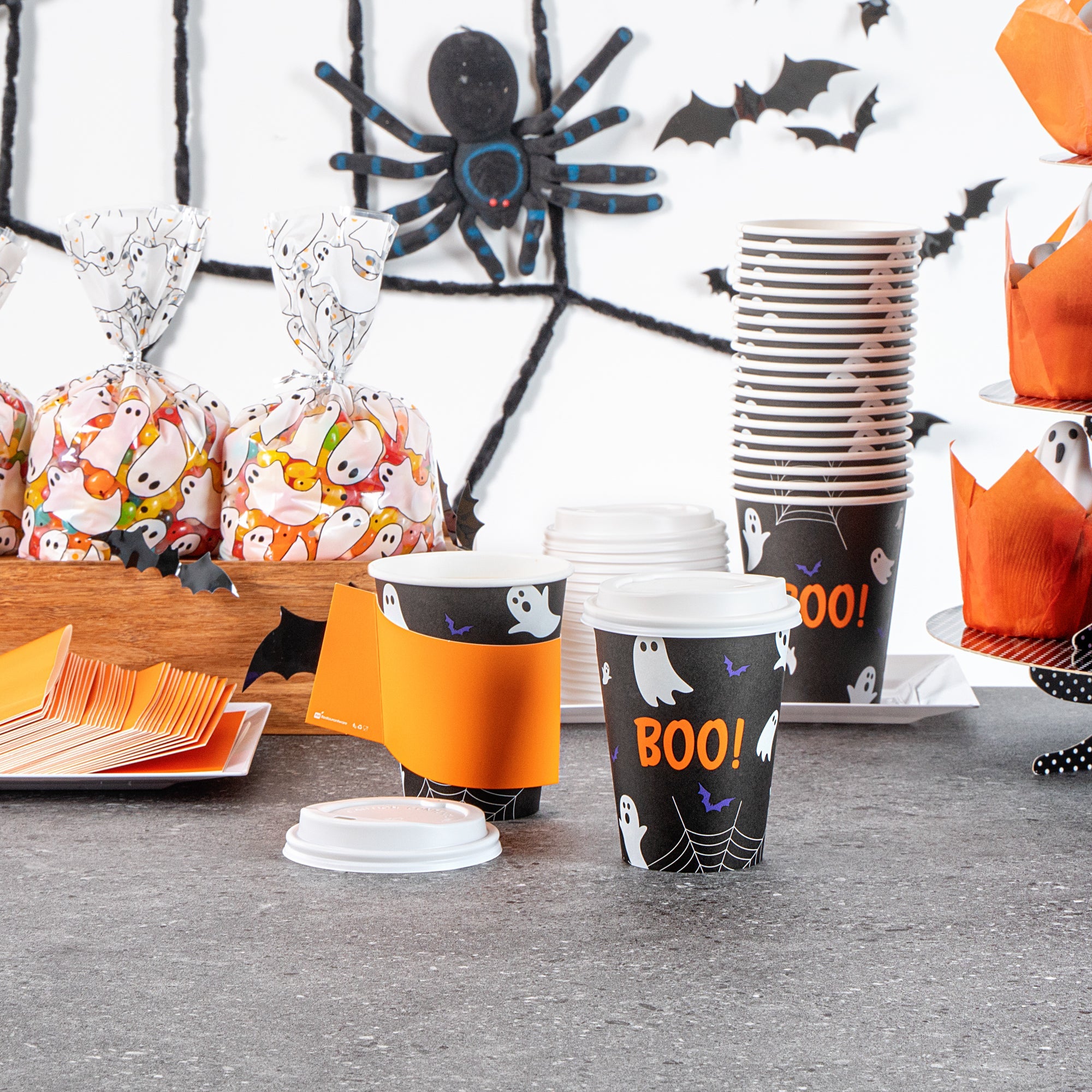 Restpresso 12 oz Halloween Paper Single Wall Coffee Cup - with White Lid - 3 1/2" x 3 1/2" x 4 3/4" - 400 count box