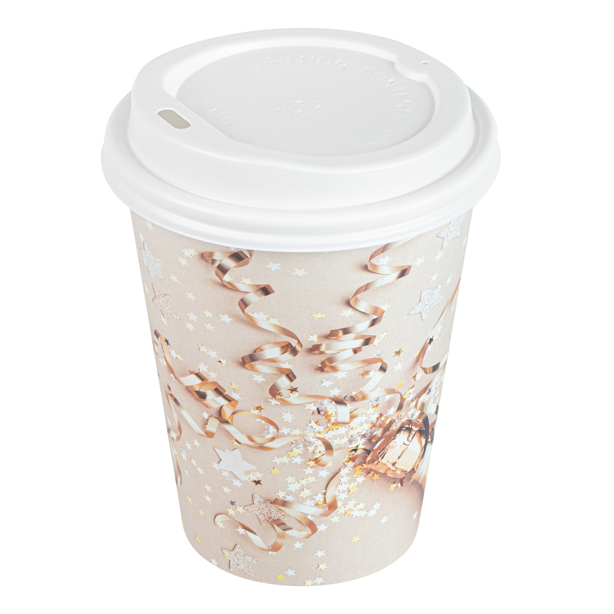 Restpresso 12 oz New Year's Eve Paper Single Wall Coffee Cup - with White Lid - 3 1/2" x 3 1/2" x 4 3/4" - 20 count box