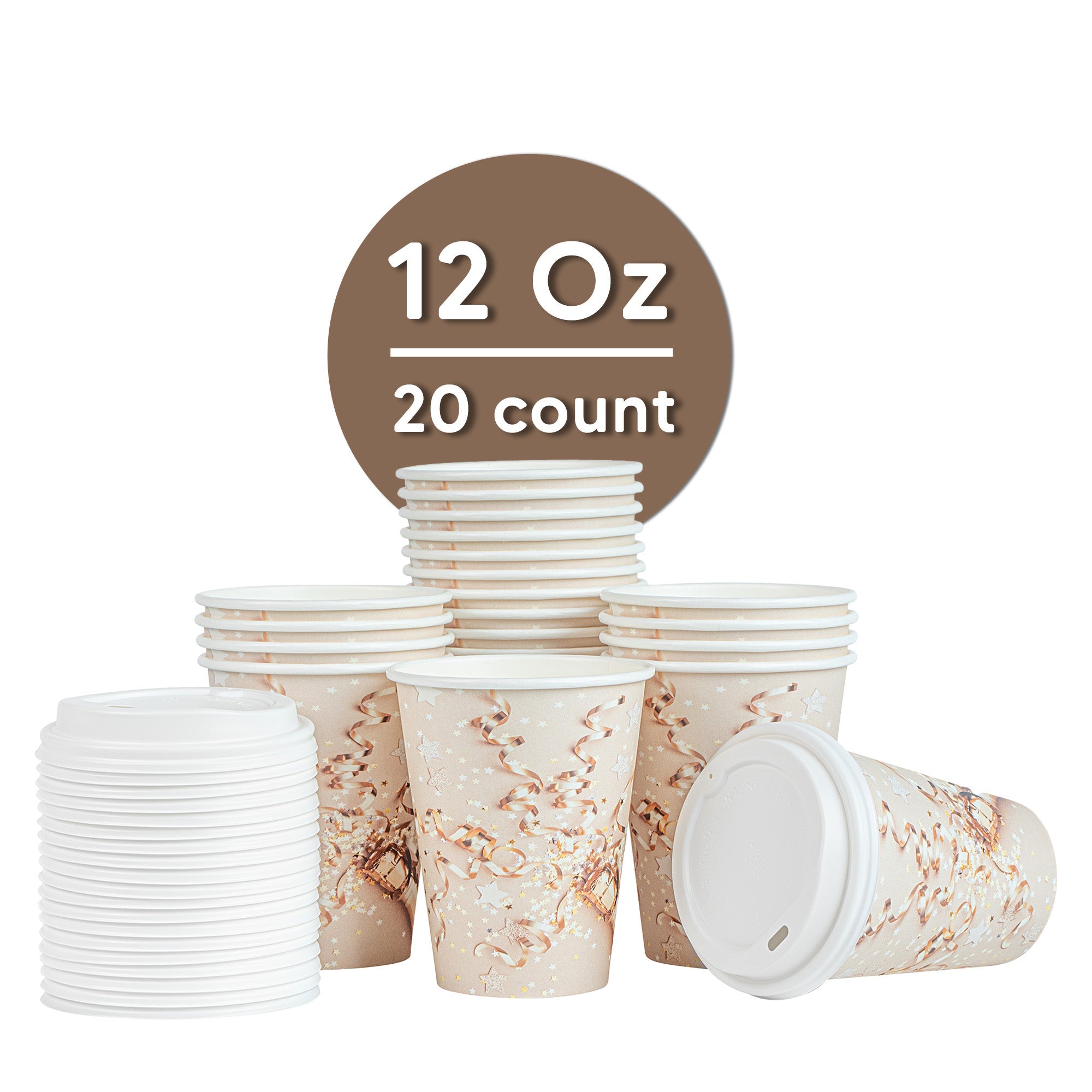 Restpresso 12 oz New Year's Eve Paper Single Wall Coffee Cup - with White Lid - 3 1/2" x 3 1/2" x 4 3/4" - 20 count box