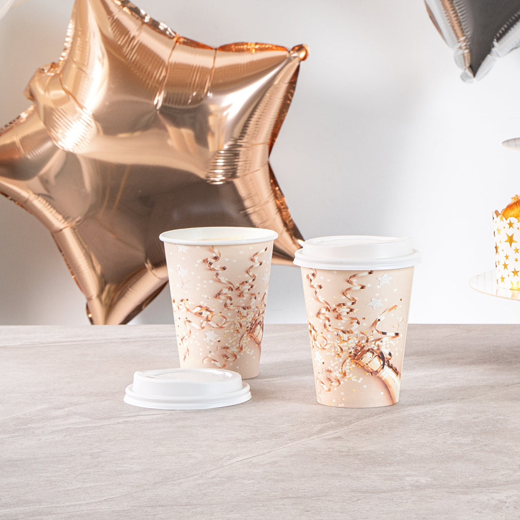Restpresso 12 oz New Year's Eve Paper Single Wall Coffee Cup - with White Lid - 3 1/2" x 3 1/2" x 4 3/4" - 20 count box