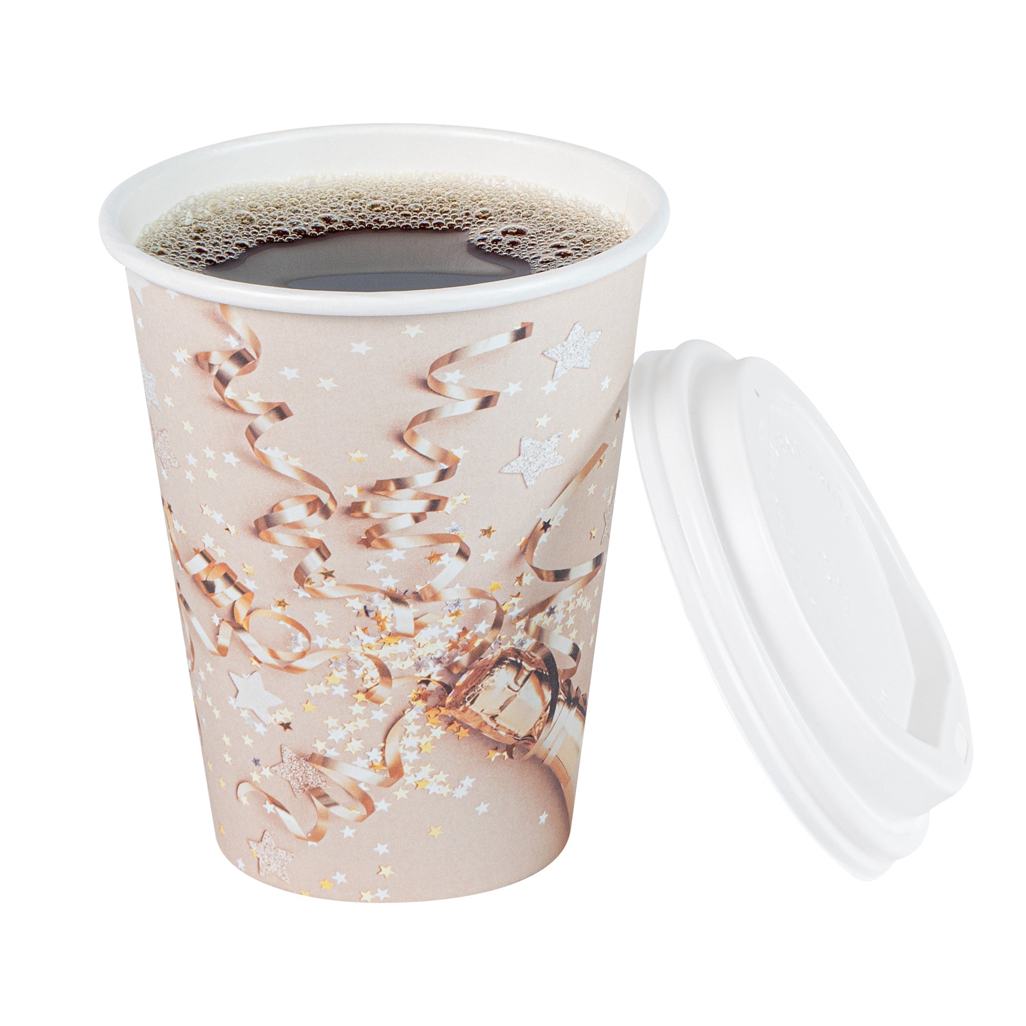 Restpresso 12 oz New Year's Eve Paper Single Wall Coffee Cup - with White Lid - 3 1/2" x 3 1/2" x 4 3/4" - 20 count box
