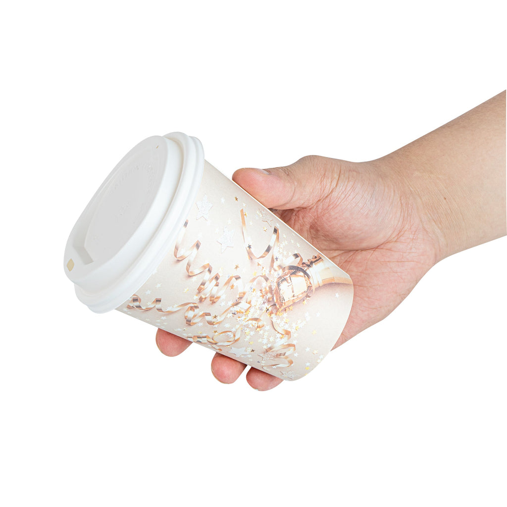 Restpresso 12 oz New Year's Eve Paper Single Wall Coffee Cup - with White Lid - 3 1/2" x 3 1/2" x 4 3/4" - 20 count box