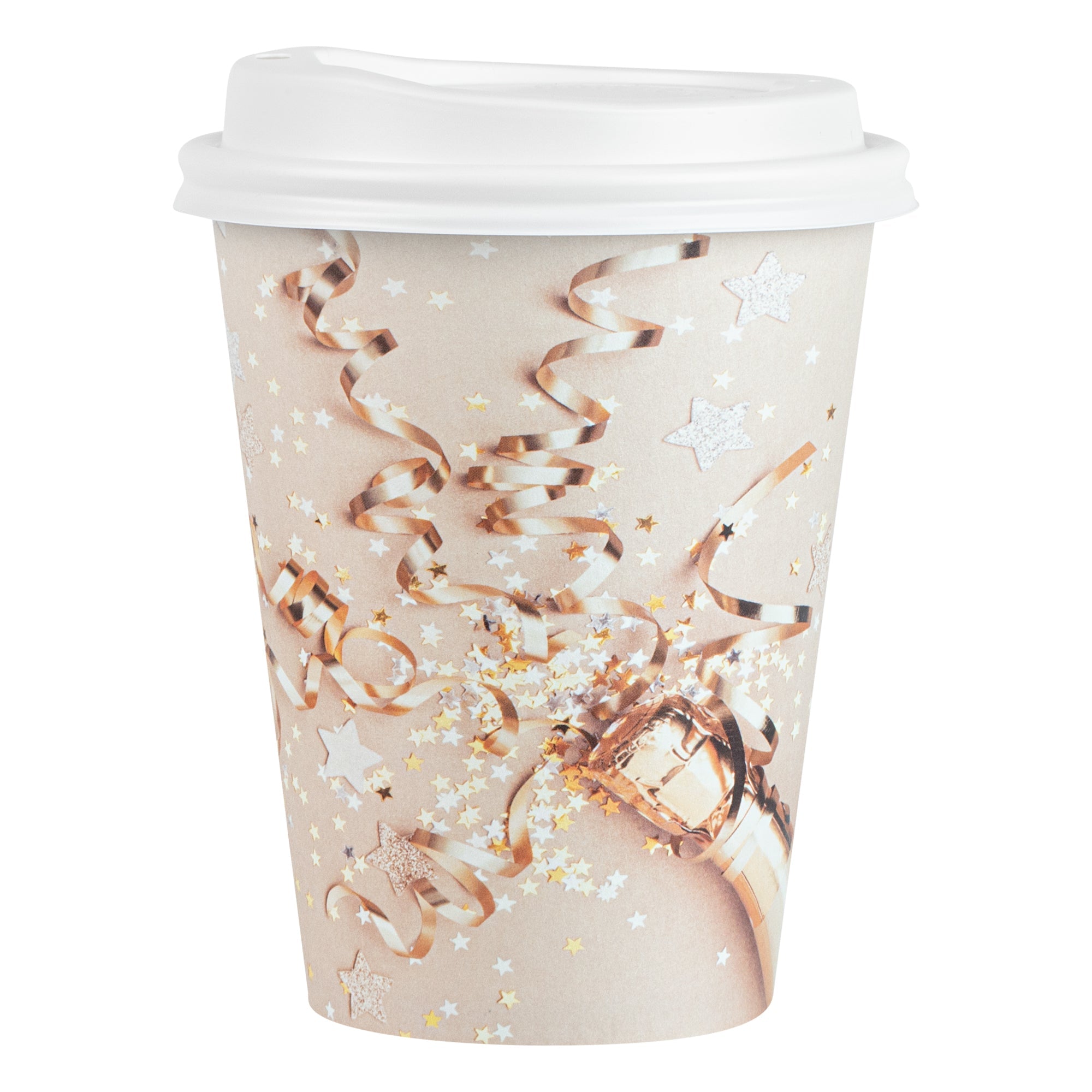 Restpresso 12 oz New Year's Eve Paper Single Wall Coffee Cup - with White Lid - 3 1/2" x 3 1/2" x 4 3/4" - 20 count box