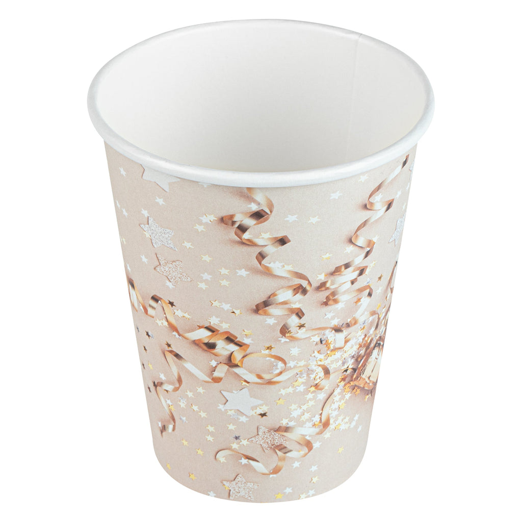Restpresso 12 oz New Year's Eve Paper Single Wall Coffee Cup - with White Lid - 3 1/2" x 3 1/2" x 4 3/4" - 20 count box