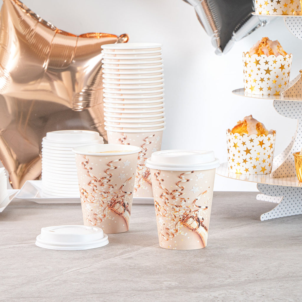 Restpresso 12 oz New Year's Eve Paper Single Wall Coffee Cup - with White Lid - 3 1/2" x 3 1/2" x 4 3/4" - 20 count box