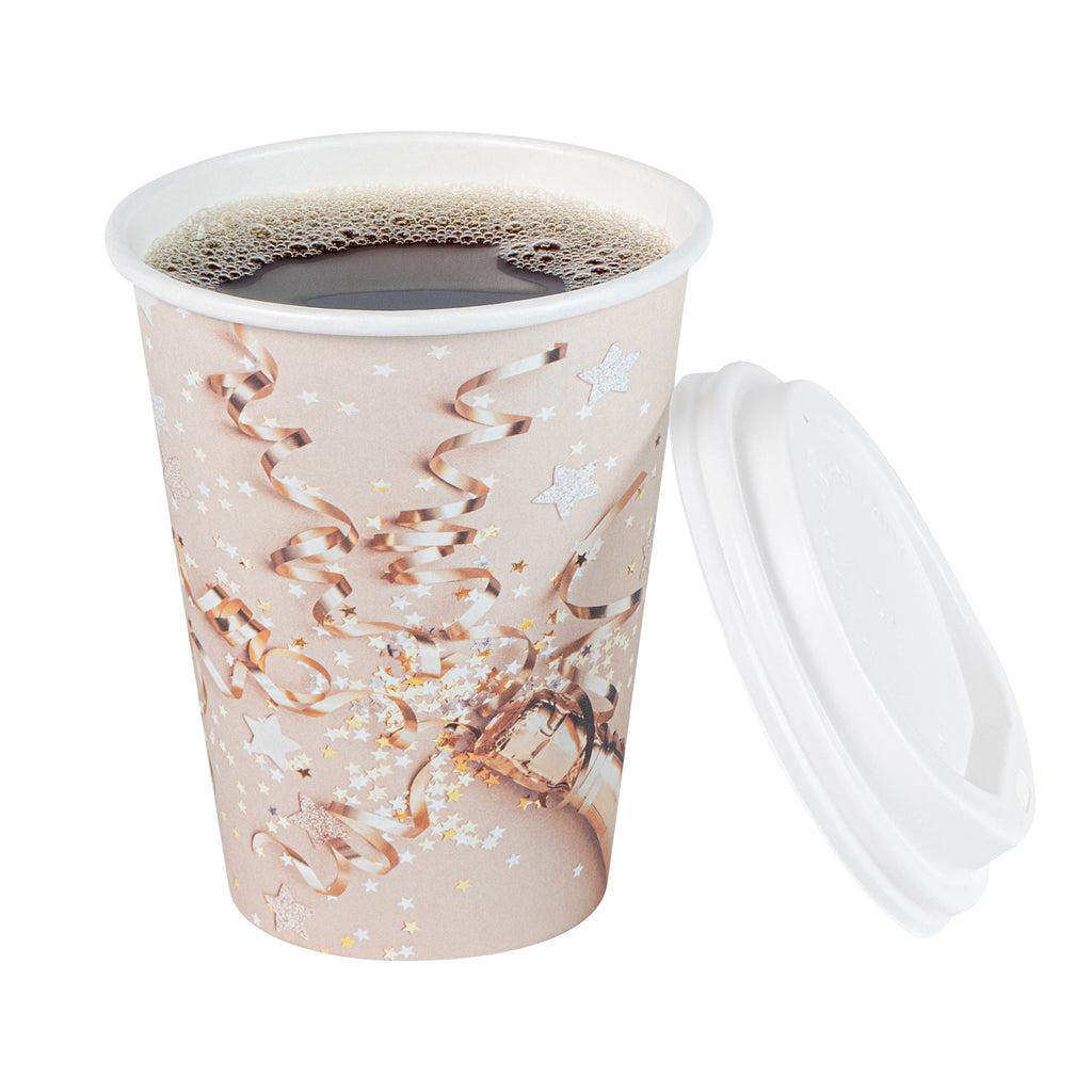 Restpresso 12 oz New Year's Eve Paper Single Wall Coffee Cup - with White Lid - 3 1/2" x 3 1/2" x 4 3/4" - 400 count box