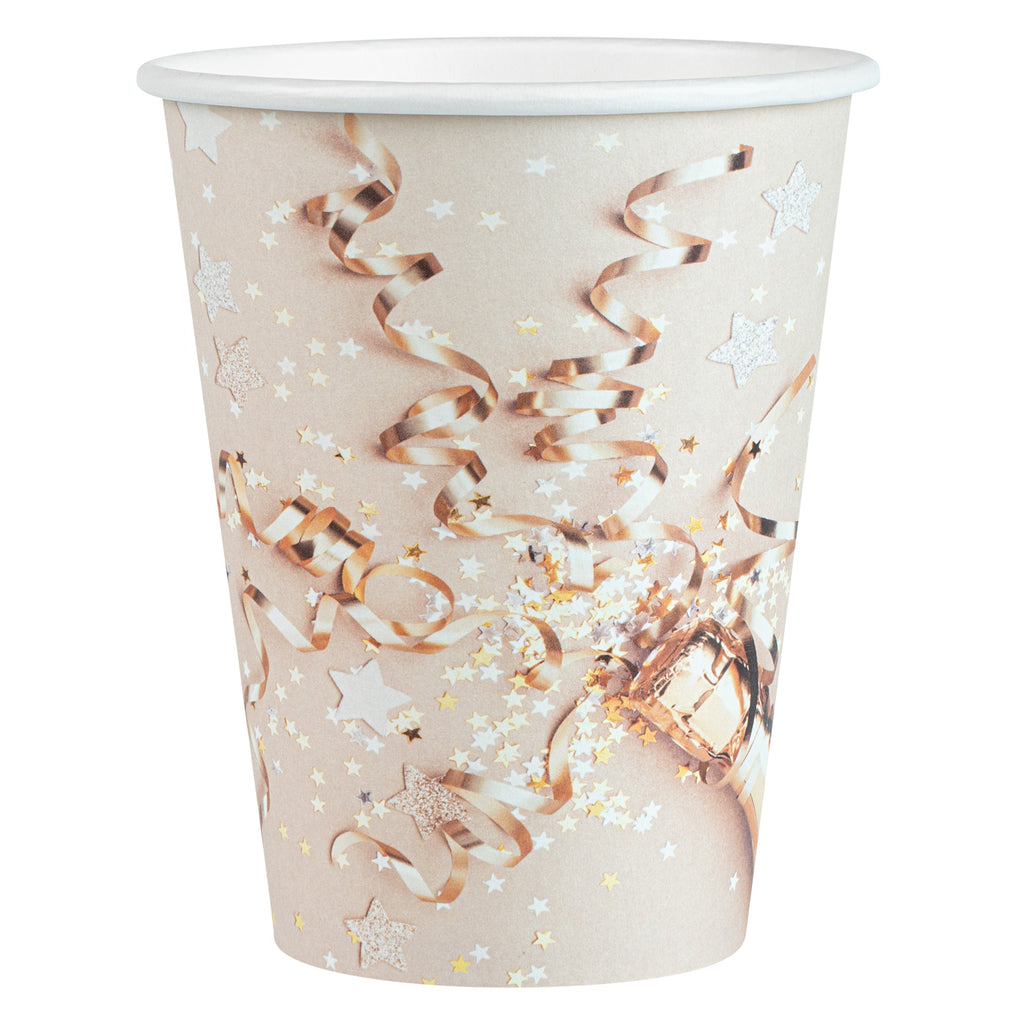 Restpresso 12 oz New Year's Eve Paper Single Wall Coffee Cup - with White Lid - 3 1/2" x 3 1/2" x 4 3/4" - 400 count box