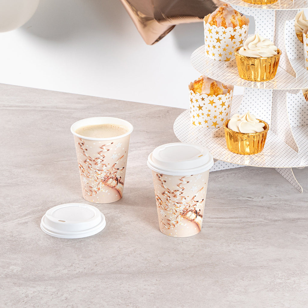 Restpresso 12 oz New Year's Eve Paper Single Wall Coffee Cup - with White Lid - 3 1/2" x 3 1/2" x 4 3/4" - 400 count box