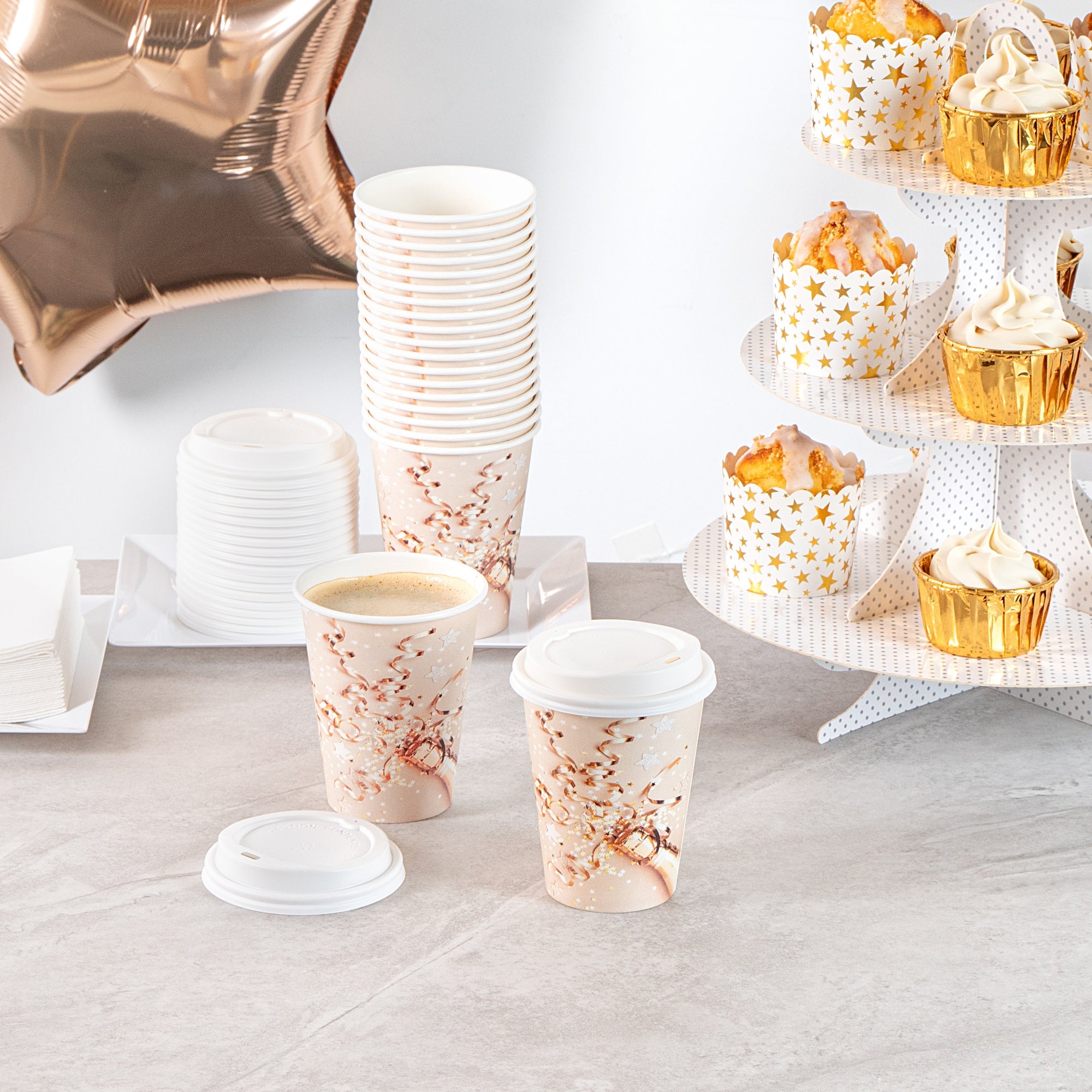 Restpresso 12 oz New Year's Eve Paper Single Wall Coffee Cup - with White Lid - 3 1/2" x 3 1/2" x 4 3/4" - 400 count box