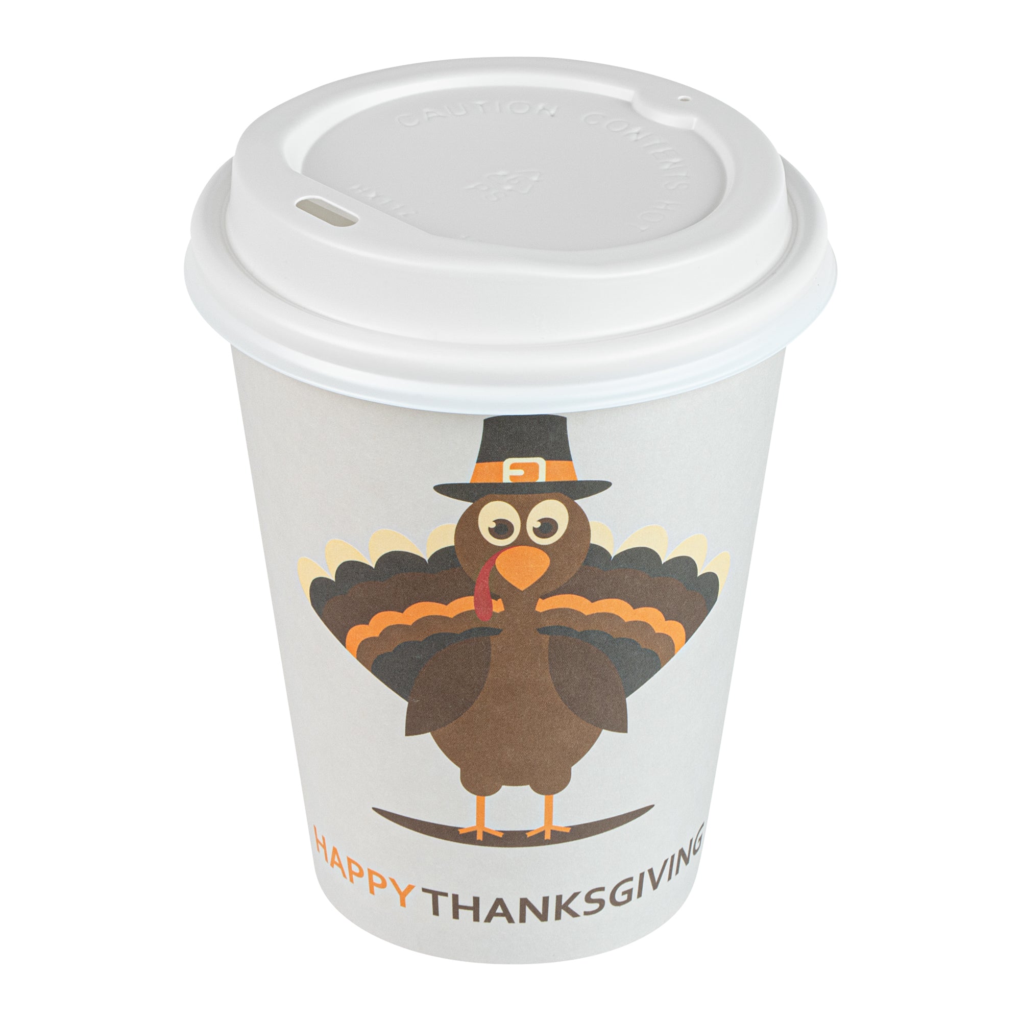 Restpresso 12 oz Happy Thanksgiving Paper Single Wall Coffee Cup - with White Lid - 3 1/2" x 3 1/2" x 4 3/4" - 20 count box