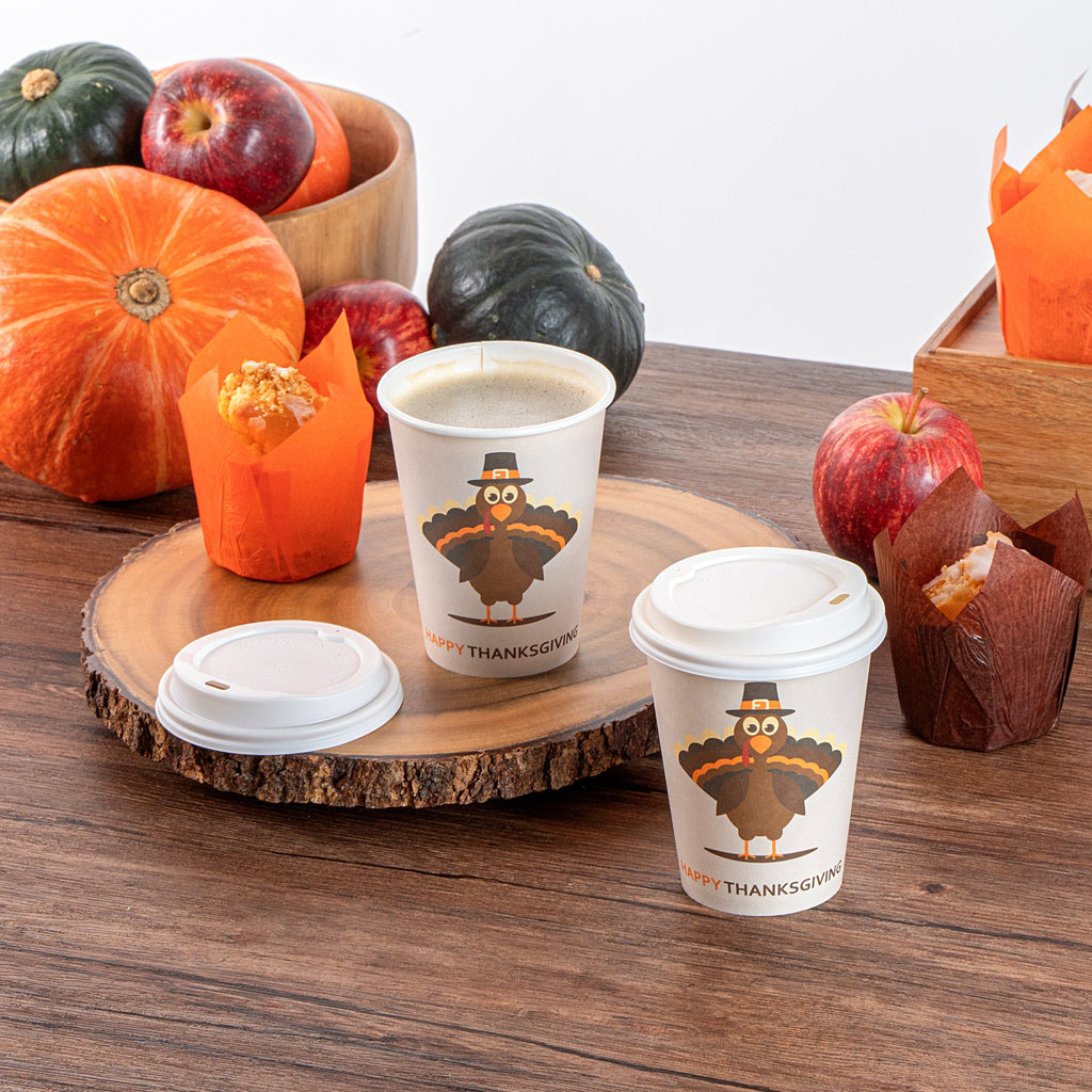 Restpresso 12 oz Happy Thanksgiving Paper Single Wall Coffee Cup - with White Lid - 3 1/2" x 3 1/2" x 4 3/4" - 20 count box