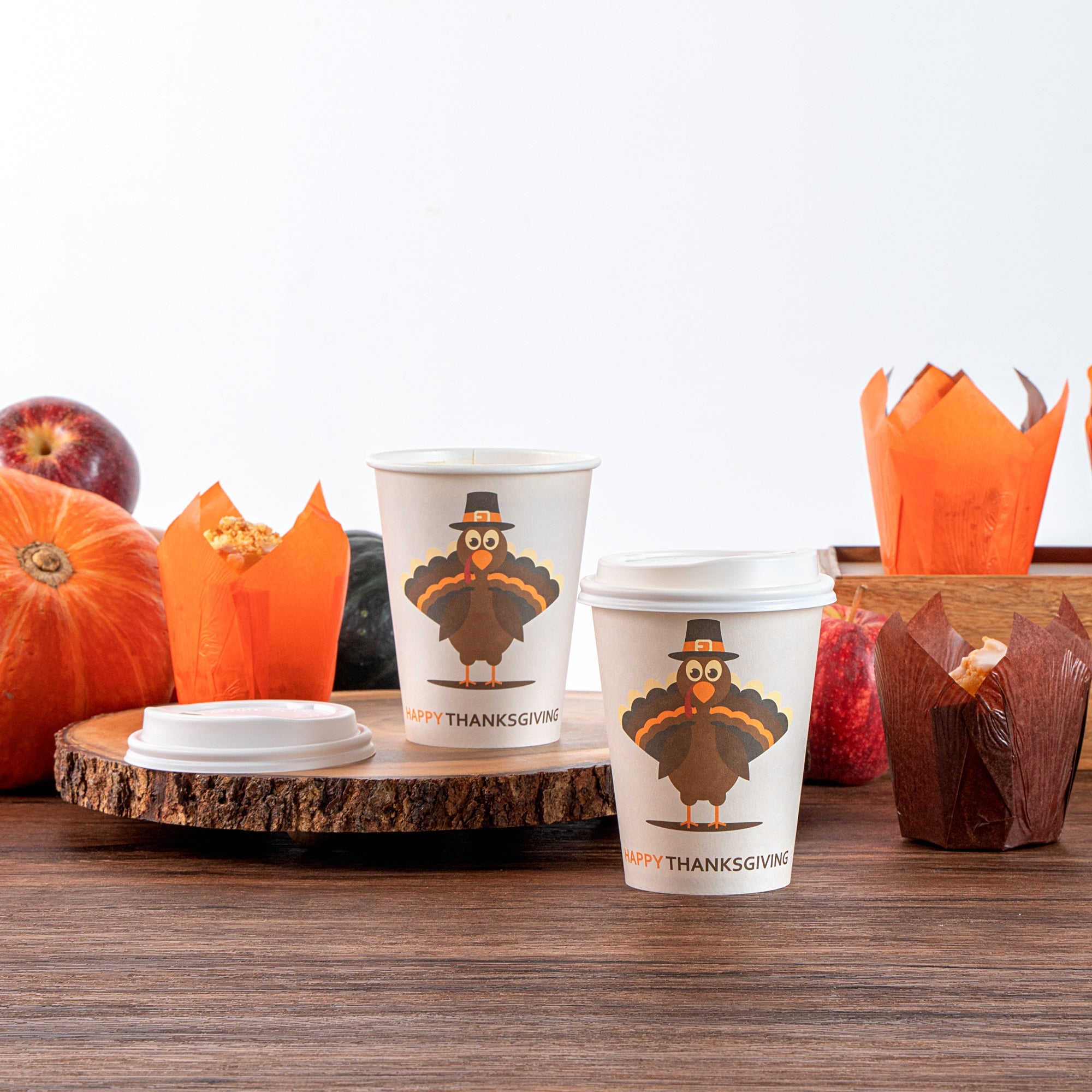 Restpresso 12 oz Happy Thanksgiving Paper Single Wall Coffee Cup - with White Lid - 3 1/2" x 3 1/2" x 4 3/4" - 20 count box