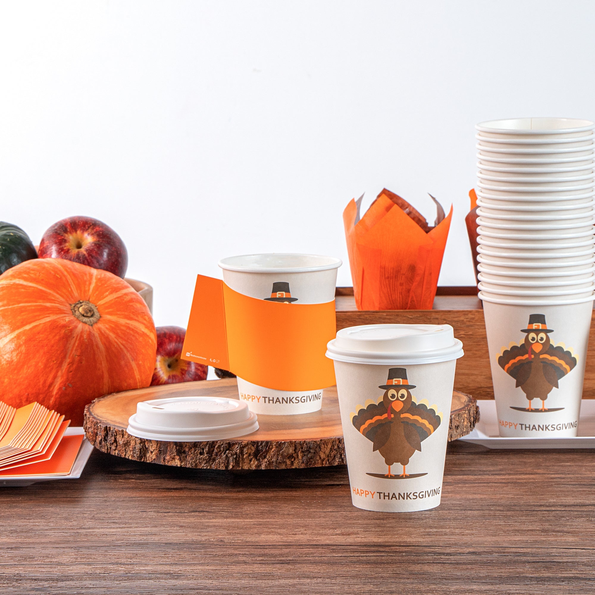 Restpresso 12 oz Happy Thanksgiving Paper Single Wall Coffee Cup - with White Lid - 3 1/2" x 3 1/2" x 4 3/4" - 20 count box