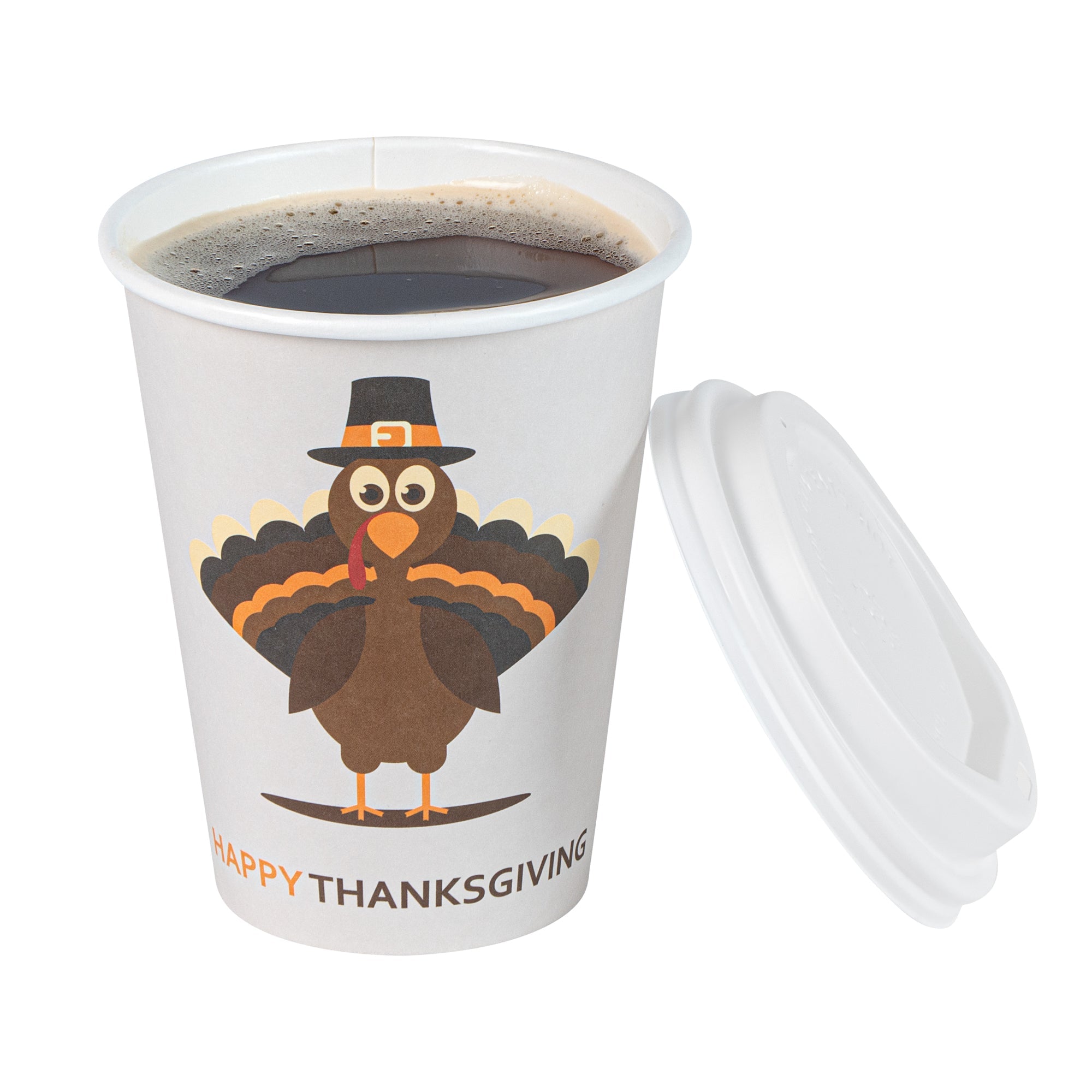 Restpresso 12 oz Happy Thanksgiving Paper Single Wall Coffee Cup - with White Lid - 3 1/2" x 3 1/2" x 4 3/4" - 400 count box