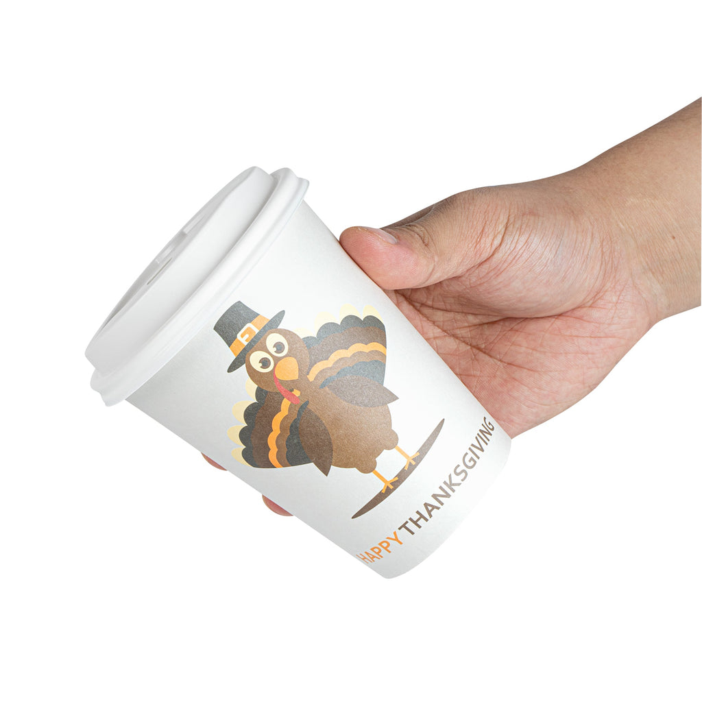 Restpresso 12 oz Happy Thanksgiving Paper Single Wall Coffee Cup - with White Lid - 3 1/2" x 3 1/2" x 4 3/4" - 400 count box