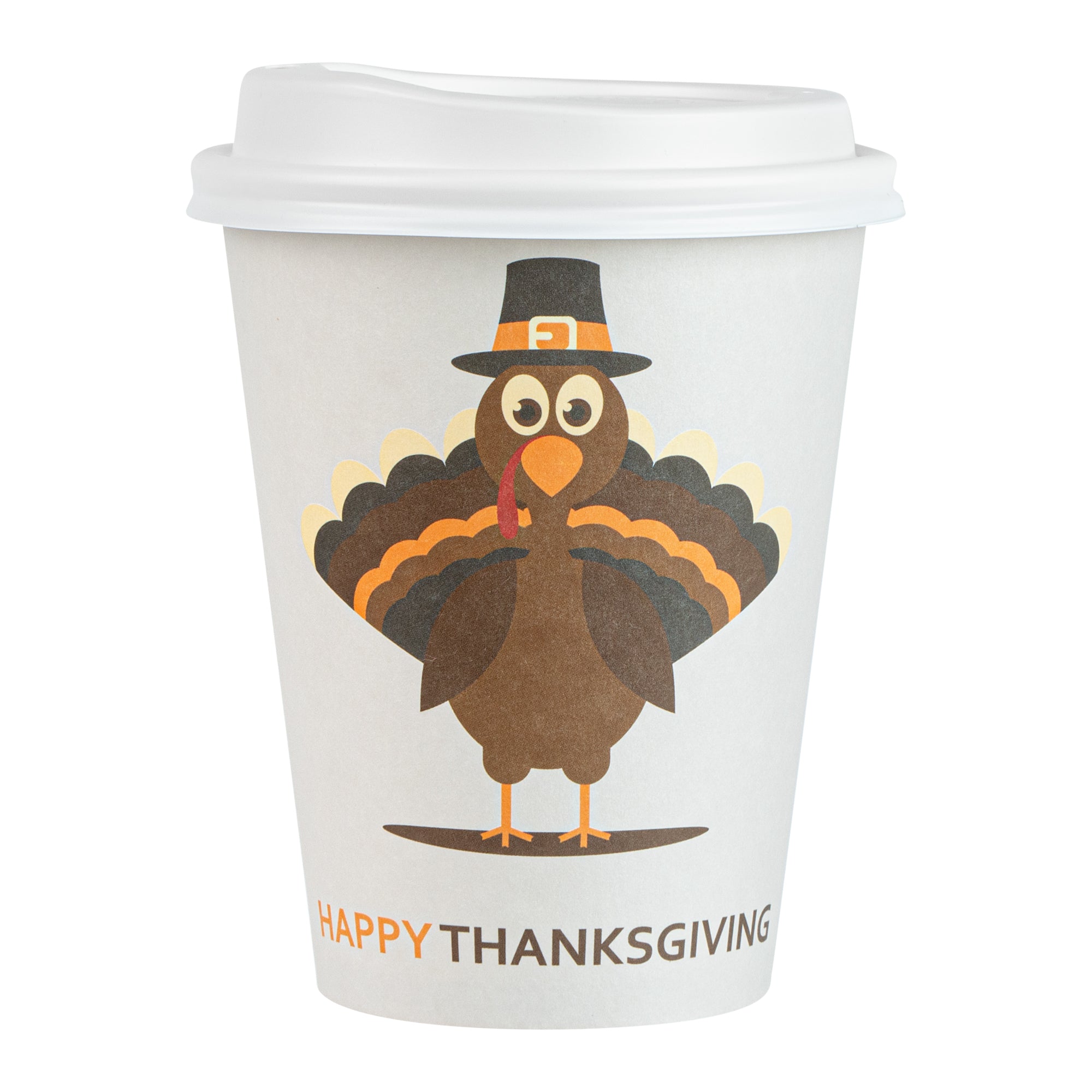 Restpresso 12 oz Happy Thanksgiving Paper Single Wall Coffee Cup - with White Lid - 3 1/2" x 3 1/2" x 4 3/4" - 400 count box