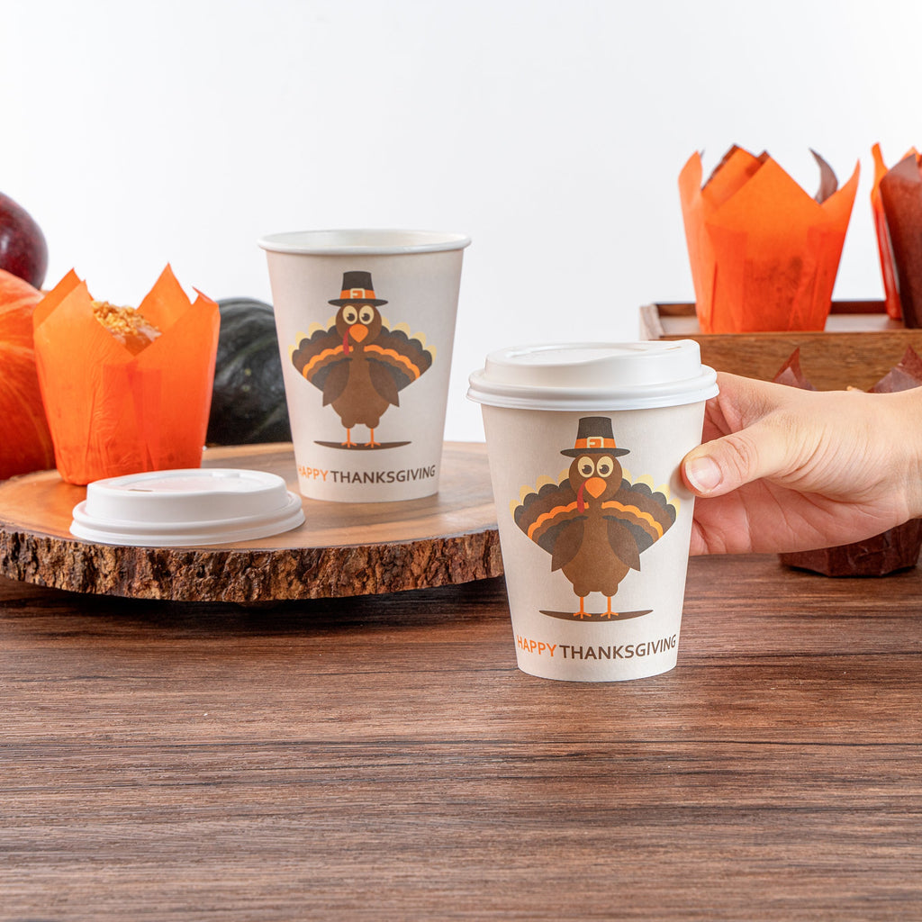 Restpresso 12 oz Happy Thanksgiving Paper Single Wall Coffee Cup - with White Lid - 3 1/2" x 3 1/2" x 4 3/4" - 400 count box