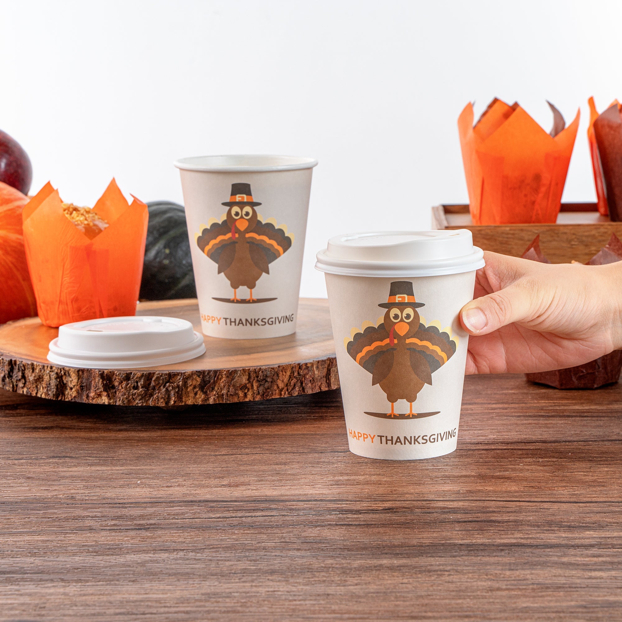Restpresso 12 oz Happy Thanksgiving Paper Single Wall Coffee Cup - with White Lid - 3 1/2" x 3 1/2" x 4 3/4" - 400 count box