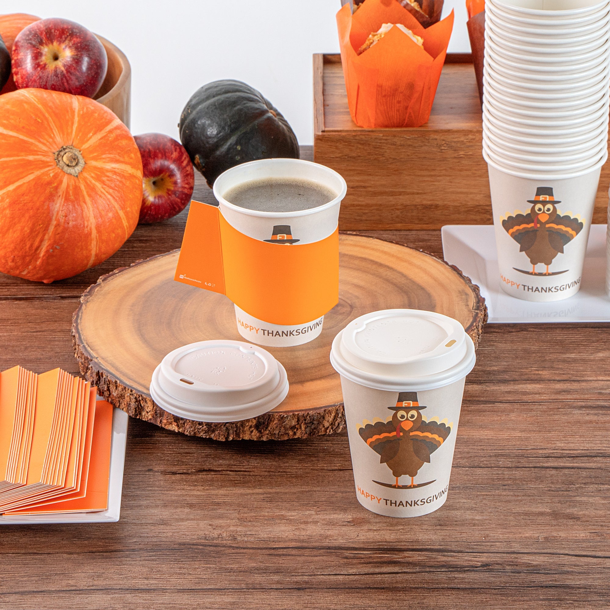 Restpresso 12 oz Happy Thanksgiving Paper Single Wall Coffee Cup - with White Lid - 3 1/2" x 3 1/2" x 4 3/4" - 400 count box