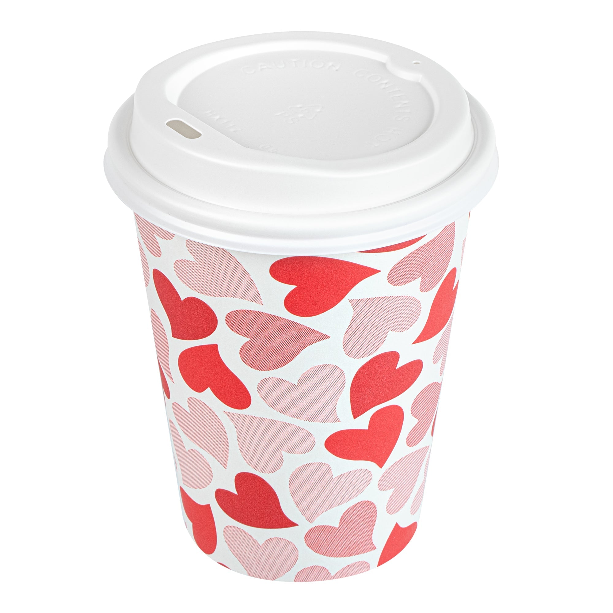 Restpresso 12 oz Valentine's Day Paper Single Wall Coffee Cup - with White Lid - 3 1/2" x 3 1/2" x 4 3/4" - 20 count box