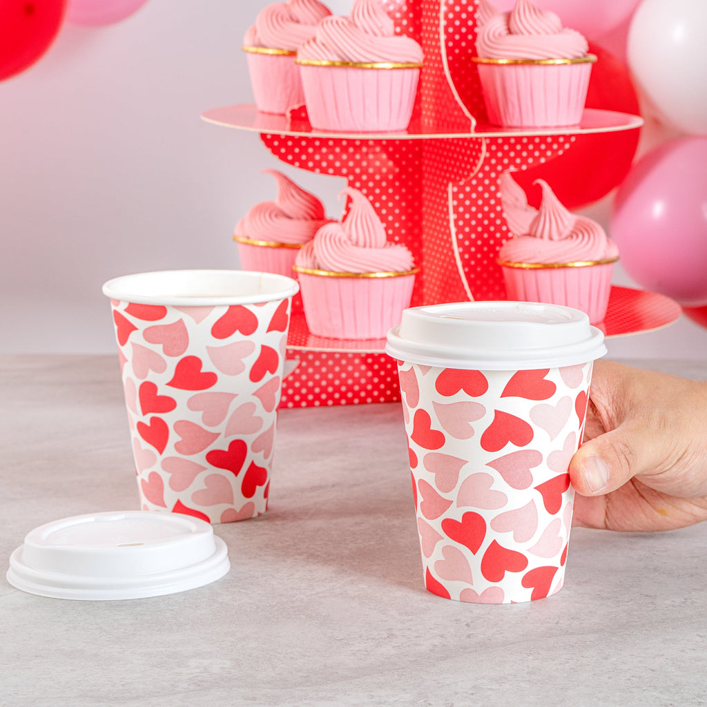Restpresso 12 oz Valentine's Day Paper Single Wall Coffee Cup - with White Lid - 3 1/2" x 3 1/2" x 4 3/4" - 20 count box