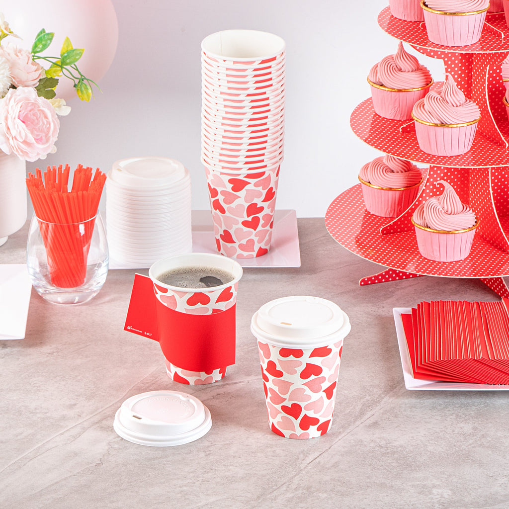 Restpresso 12 oz Valentine's Day Paper Single Wall Coffee Cup - with White Lid - 3 1/2" x 3 1/2" x 4 3/4" - 20 count box