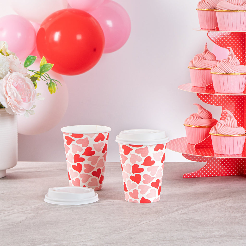 Restpresso 12 oz Valentine's Day Paper Single Wall Coffee Cup - with White Lid - 3 1/2" x 3 1/2" x 4 3/4" - 400 count box
