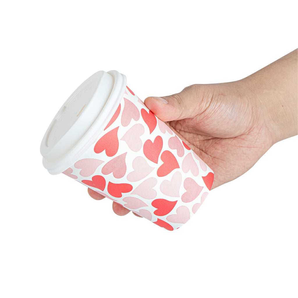 Restpresso 12 oz Valentine's Day Paper Single Wall Coffee Cup - with White Lid - 3 1/2" x 3 1/2" x 4 3/4" - 400 count box