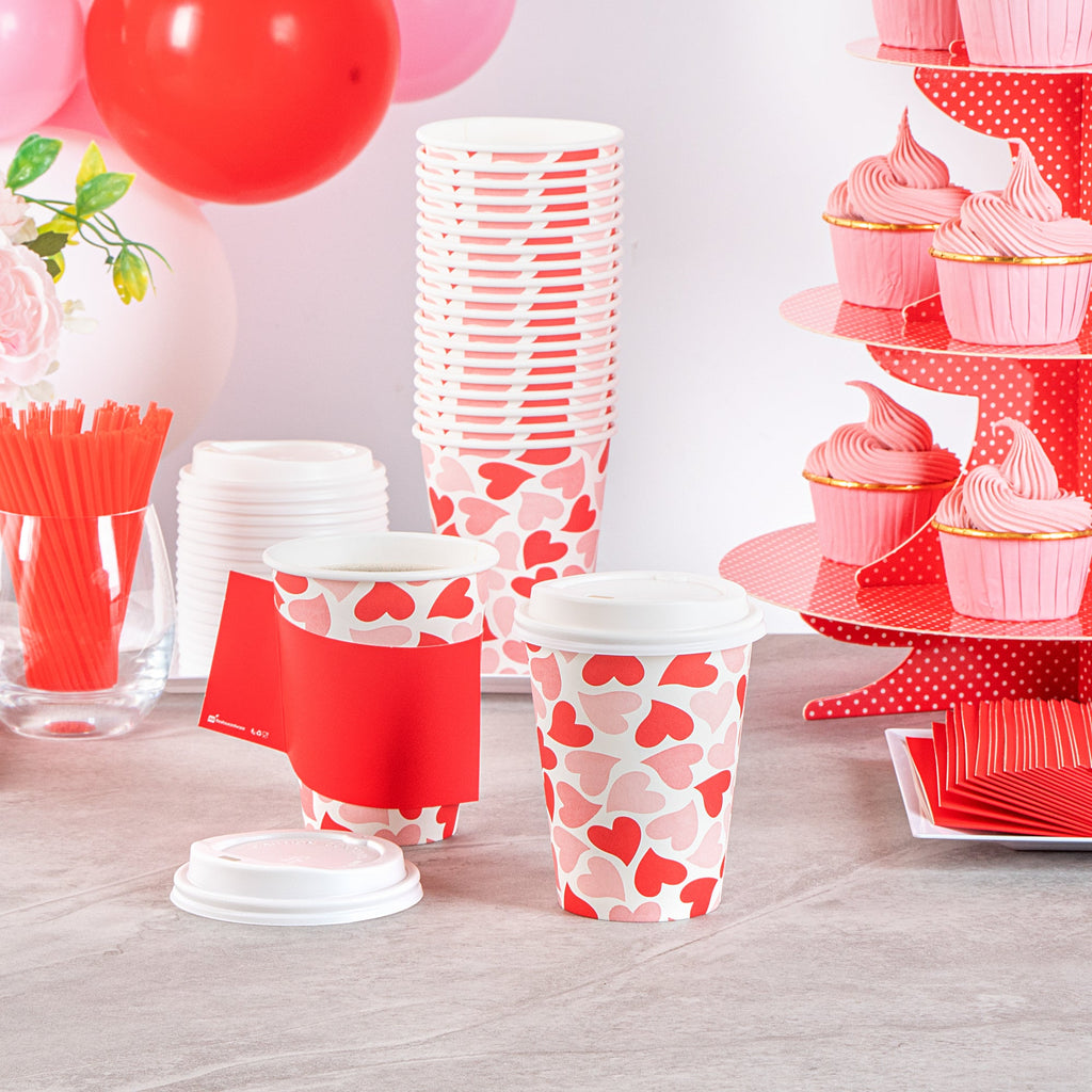 Restpresso 12 oz Valentine's Day Paper Single Wall Coffee Cup - with White Lid - 3 1/2" x 3 1/2" x 4 3/4" - 400 count box