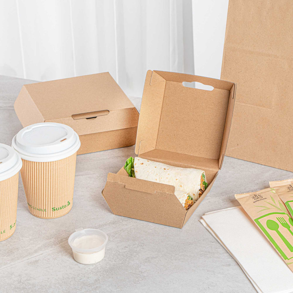 Bio Tek Square Kraft Paper Corrugated Clamshell Container - 4" x 4" x 2 3/4" - 50 count box