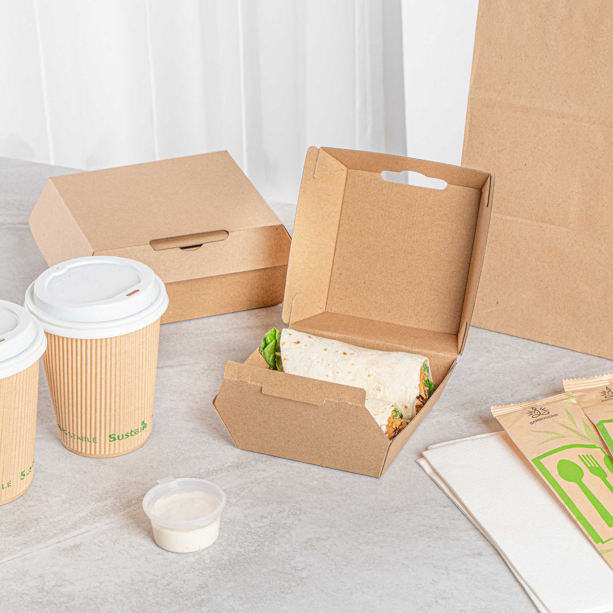 Bio Tek Square Kraft Paper Corrugated Clamshell Container - 4" x 4" x 2 3/4" - 50 count box