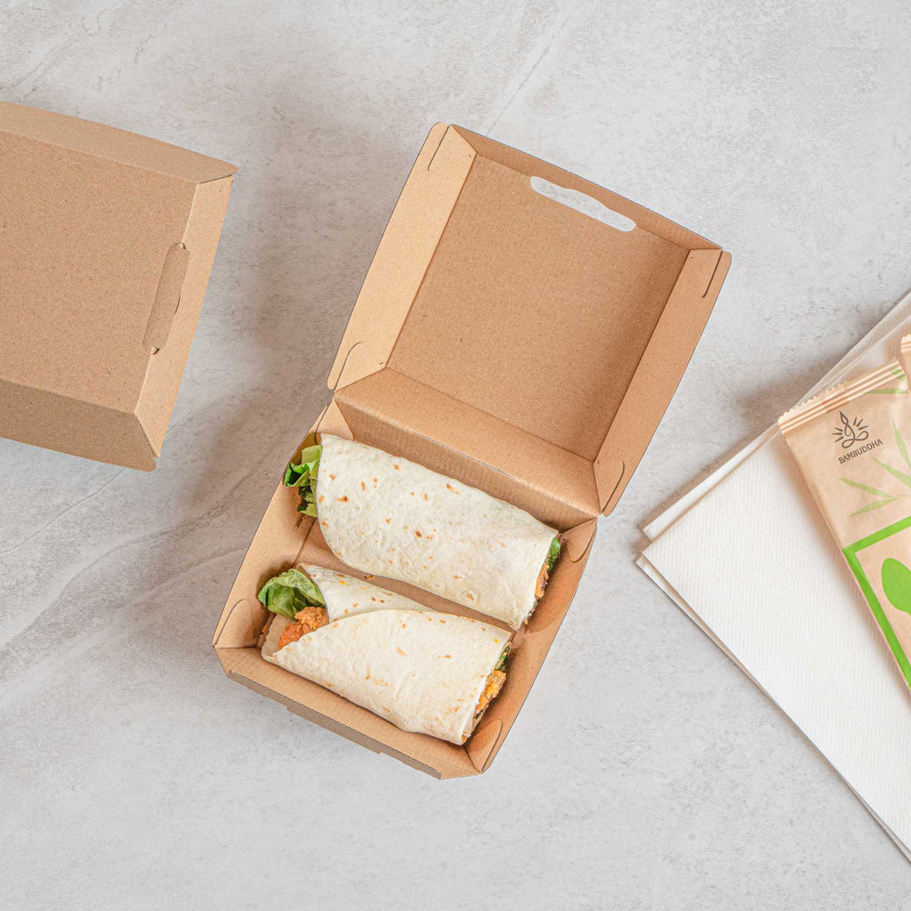 Bio Tek Square Kraft Paper Corrugated Clamshell Container - 4" x 4" x 2 3/4" - 50 count box