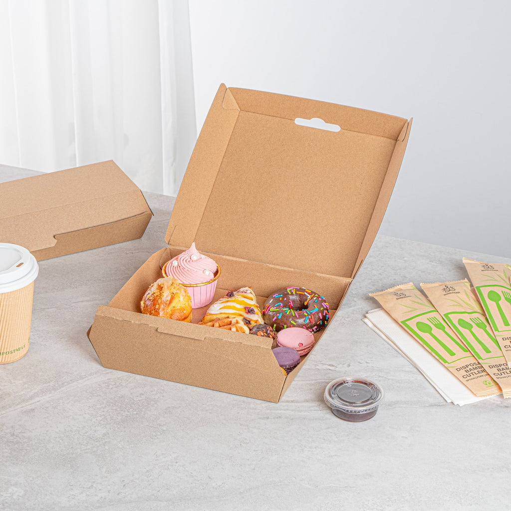 Bio Tek Square Kraft Paper Corrugated Clamshell Container - 8" x 8" x 3 1/4" - 100 count box