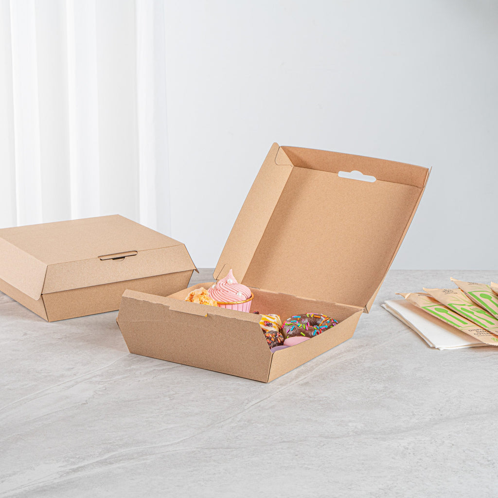 Bio Tek Square Kraft Paper Corrugated Clamshell Container - 8" x 8" x 3 1/4" - 100 count box