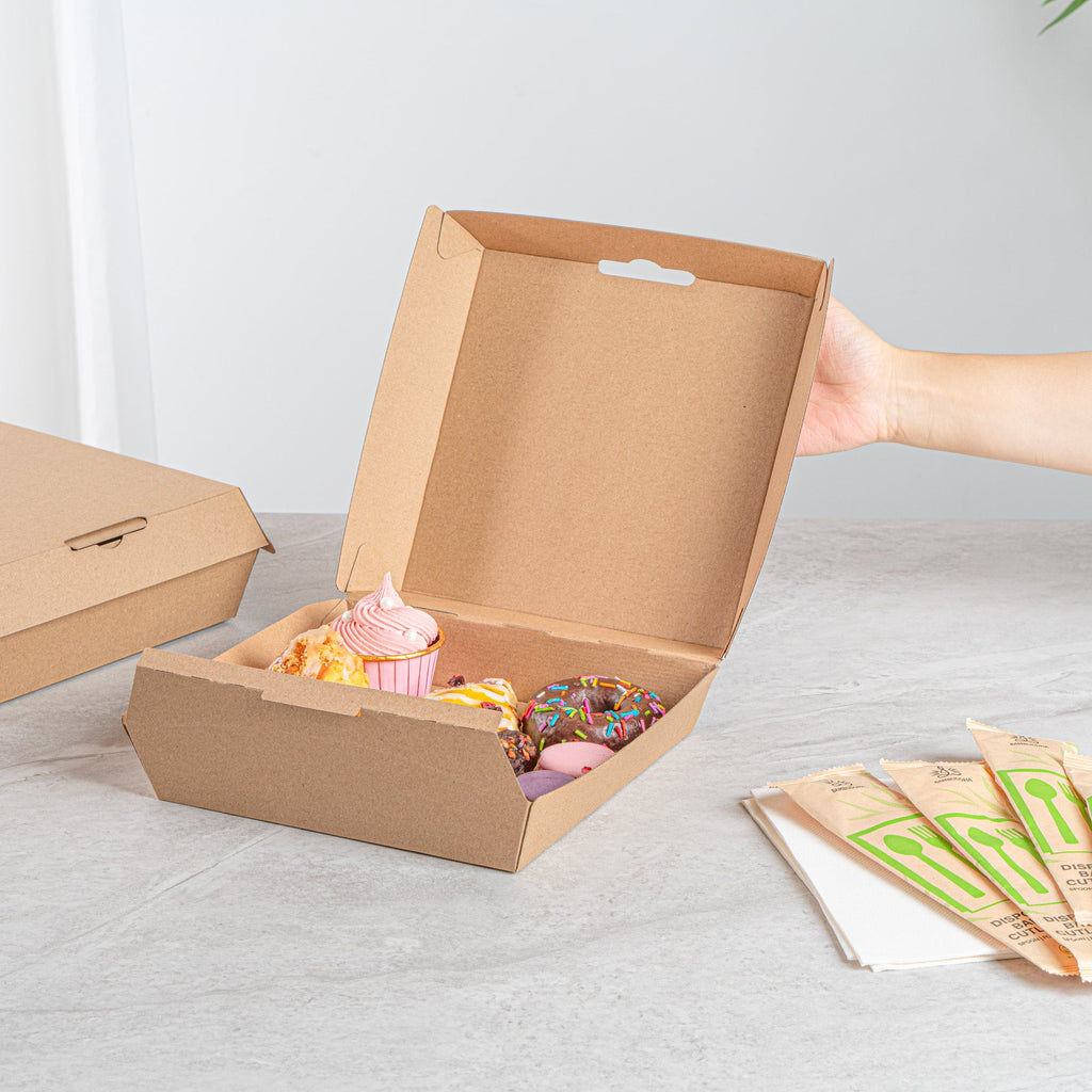 Bio Tek Square Kraft Paper Corrugated Clamshell Container - 8" x 8" x 3 1/4" - 100 count box