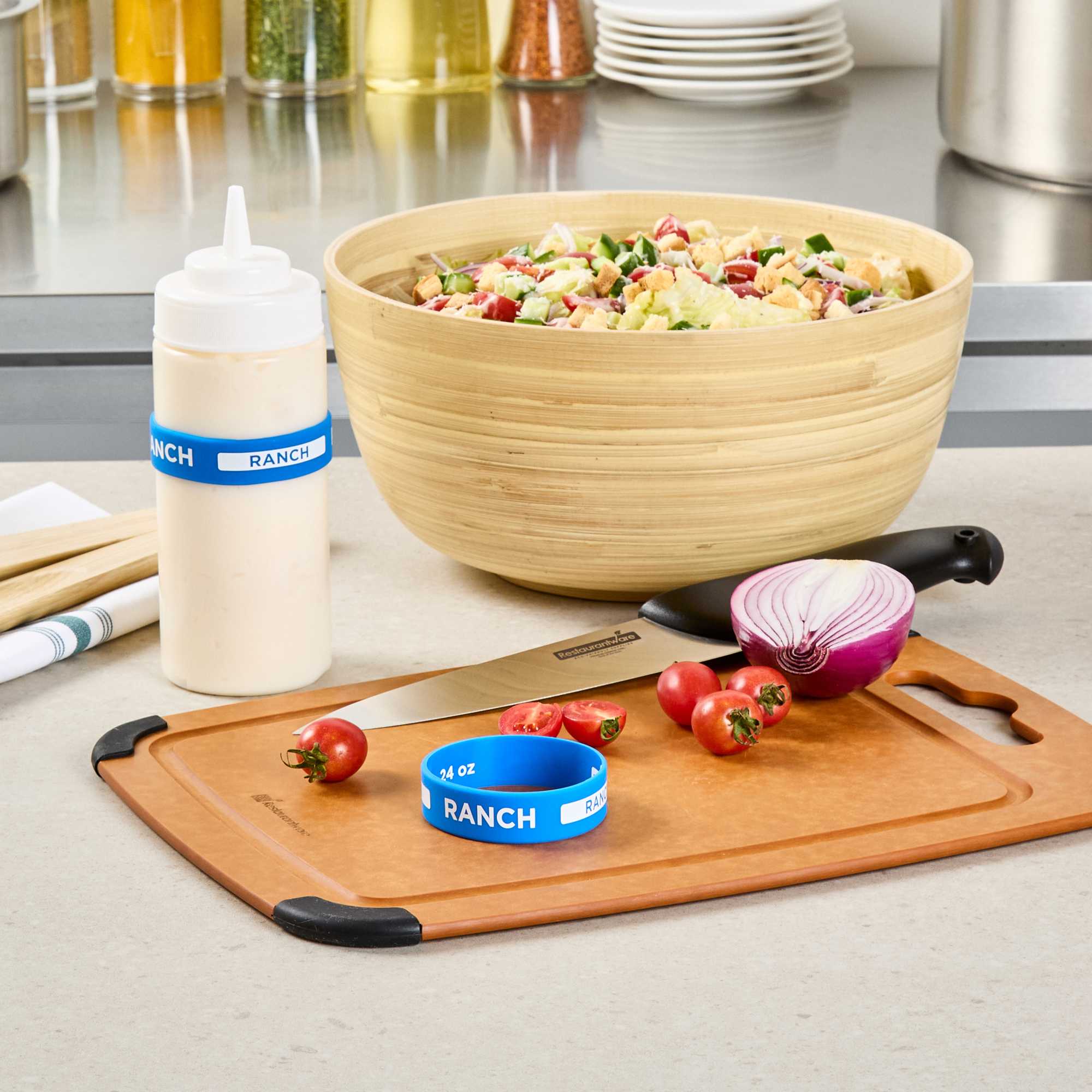 First In First Out Blue Silicone Ranch Label Band - Fits 16, 20 and 24 oz Squeeze Bottles - 1 count box