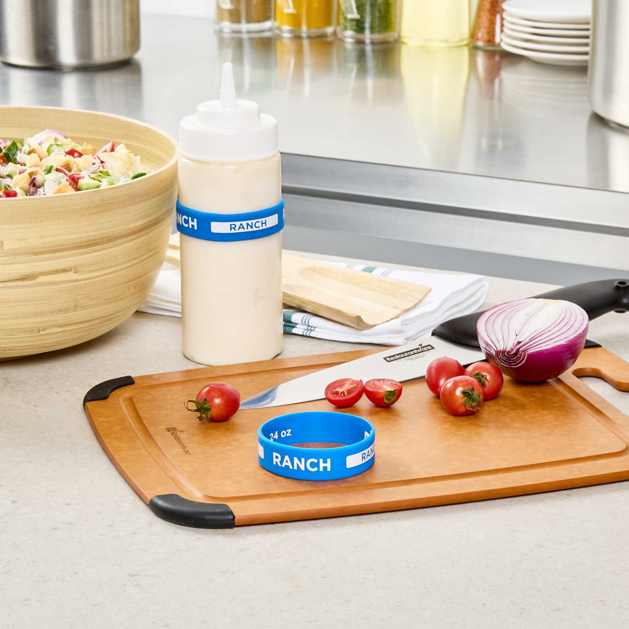 First In First Out Blue Silicone Ranch Label Band - Fits 16, 20 and 24 oz Squeeze Bottles - 1 count box