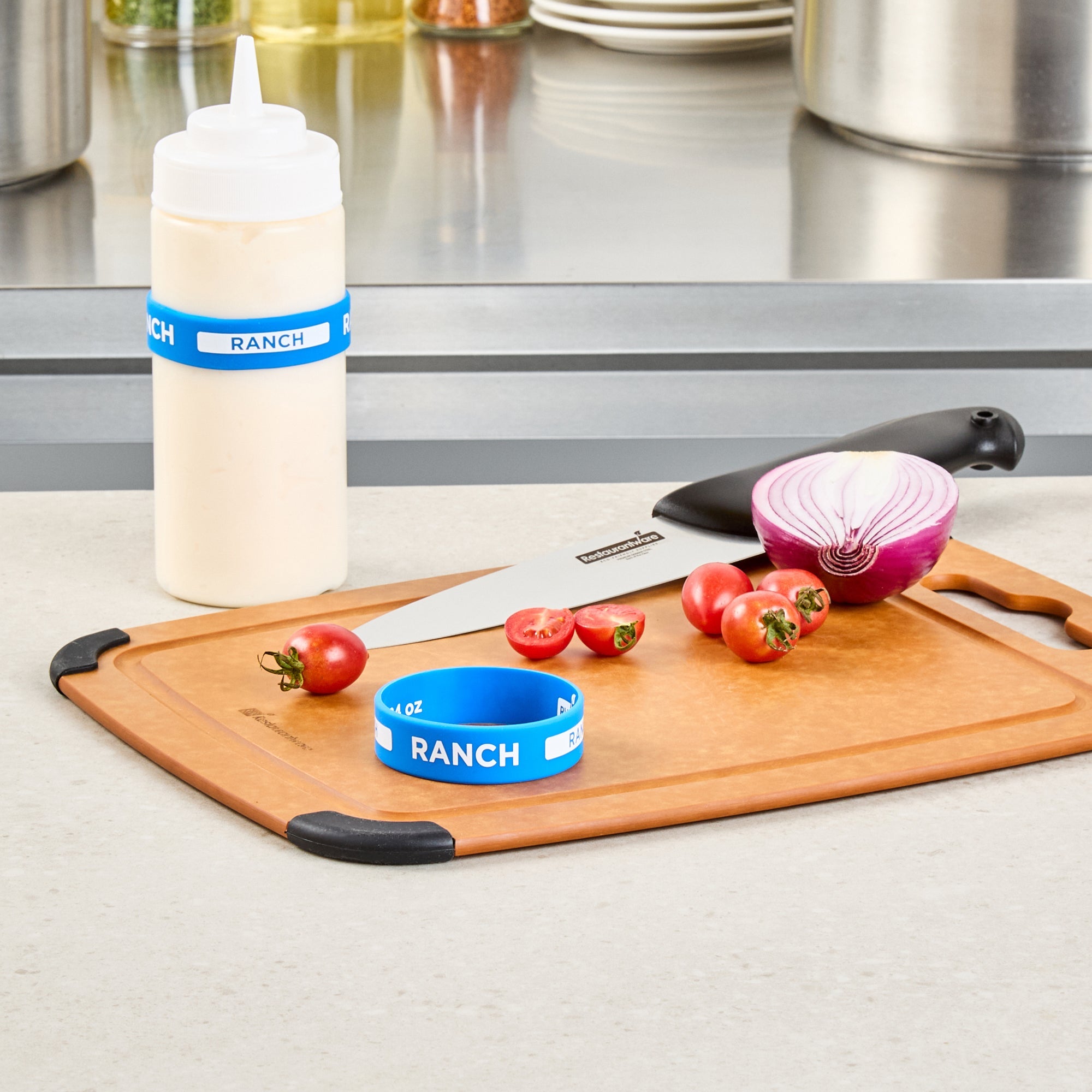 First In First Out Blue Silicone Ranch Label Band - Fits 16, 20 and 24 oz Squeeze Bottles - 10 count box