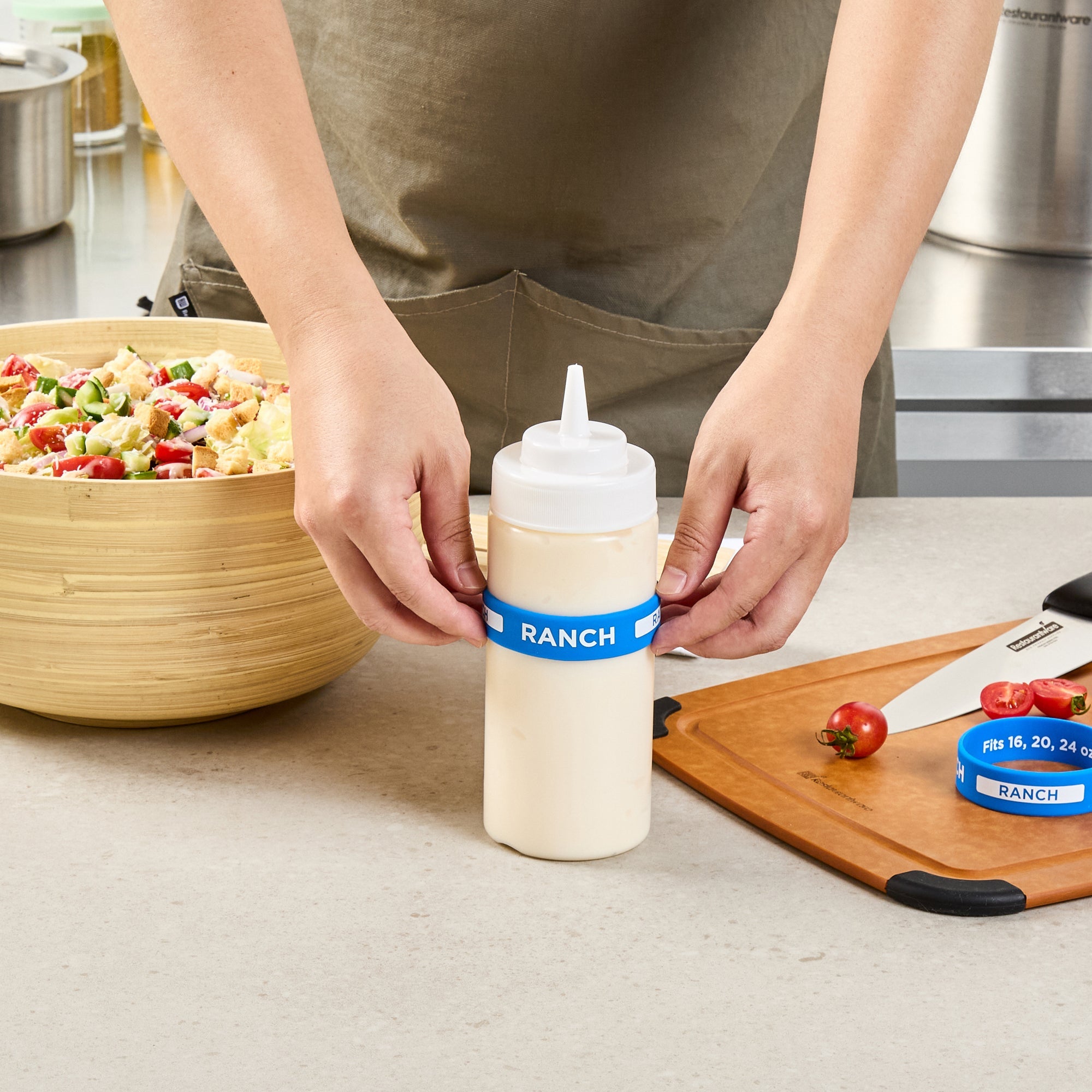 First In First Out Blue Silicone Ranch Label Band - Fits 16, 20 and 24 oz Squeeze Bottles - 10 count box