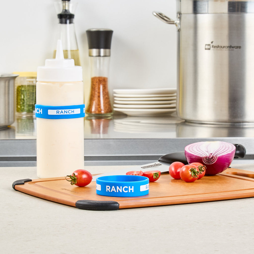 First In First Out Blue Silicone Ranch Label Band - Fits 16, 20 and 24 oz Squeeze Bottles - 10 count box