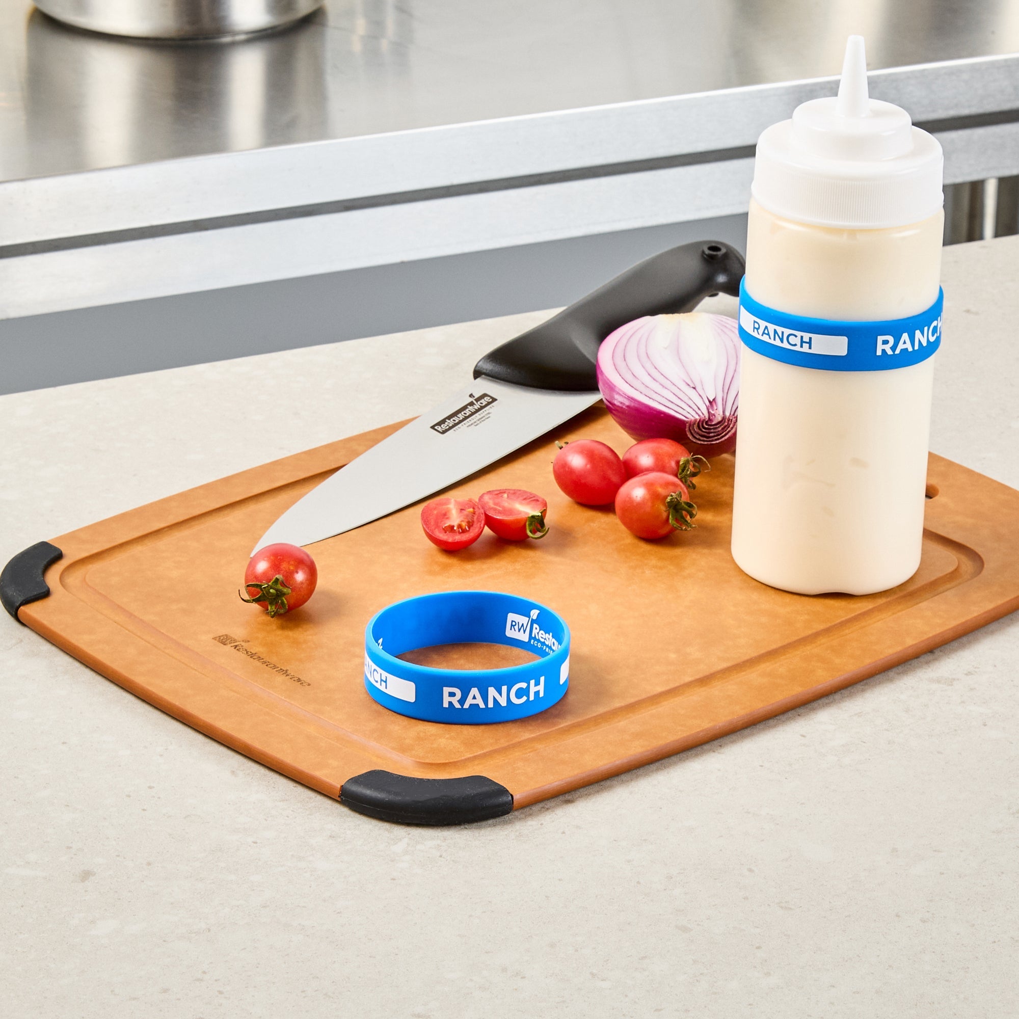 First In First Out Blue Silicone Ranch Label Band - Fits 16, 20 and 24 oz Squeeze Bottles - 10 count box