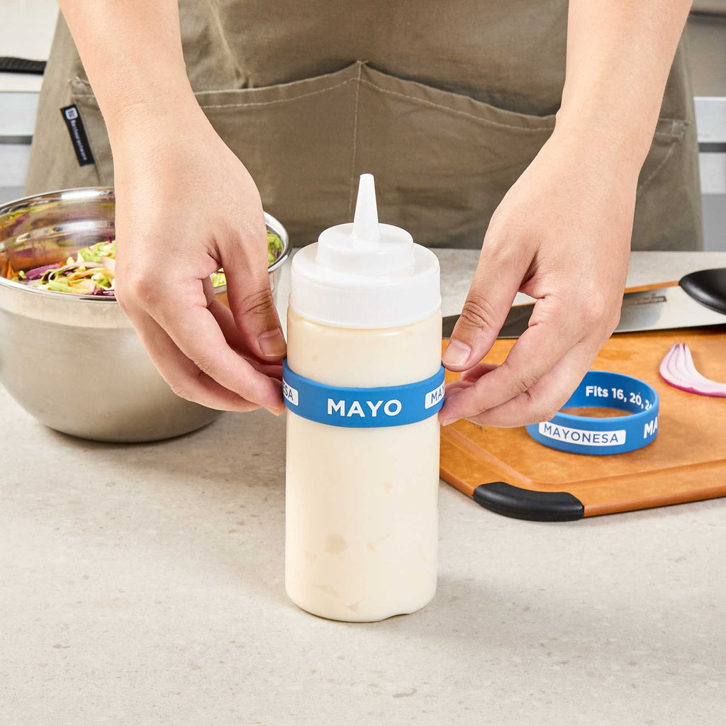 First In First Out Blue Silicone Mayo Label Band - Fits 16, 20 and 24 oz Squeeze Bottles - 1 count box