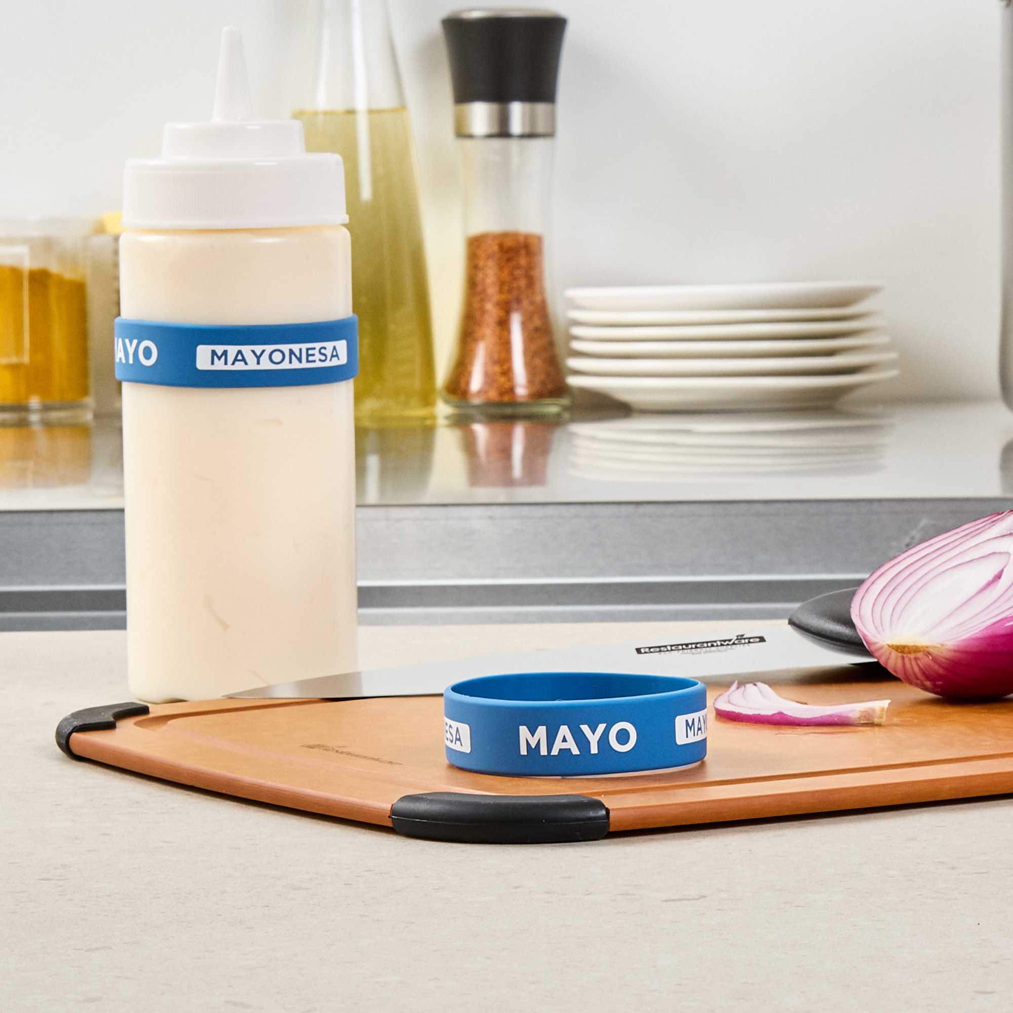 First In First Out Blue Silicone Mayo Label Band - Fits 16, 20 and 24 oz Squeeze Bottles - 1 count box