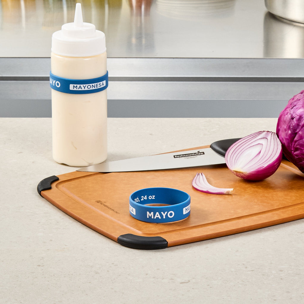 First In First Out Blue Silicone Mayo Label Band - Fits 16, 20 and 24 oz Squeeze Bottles - 10 count box